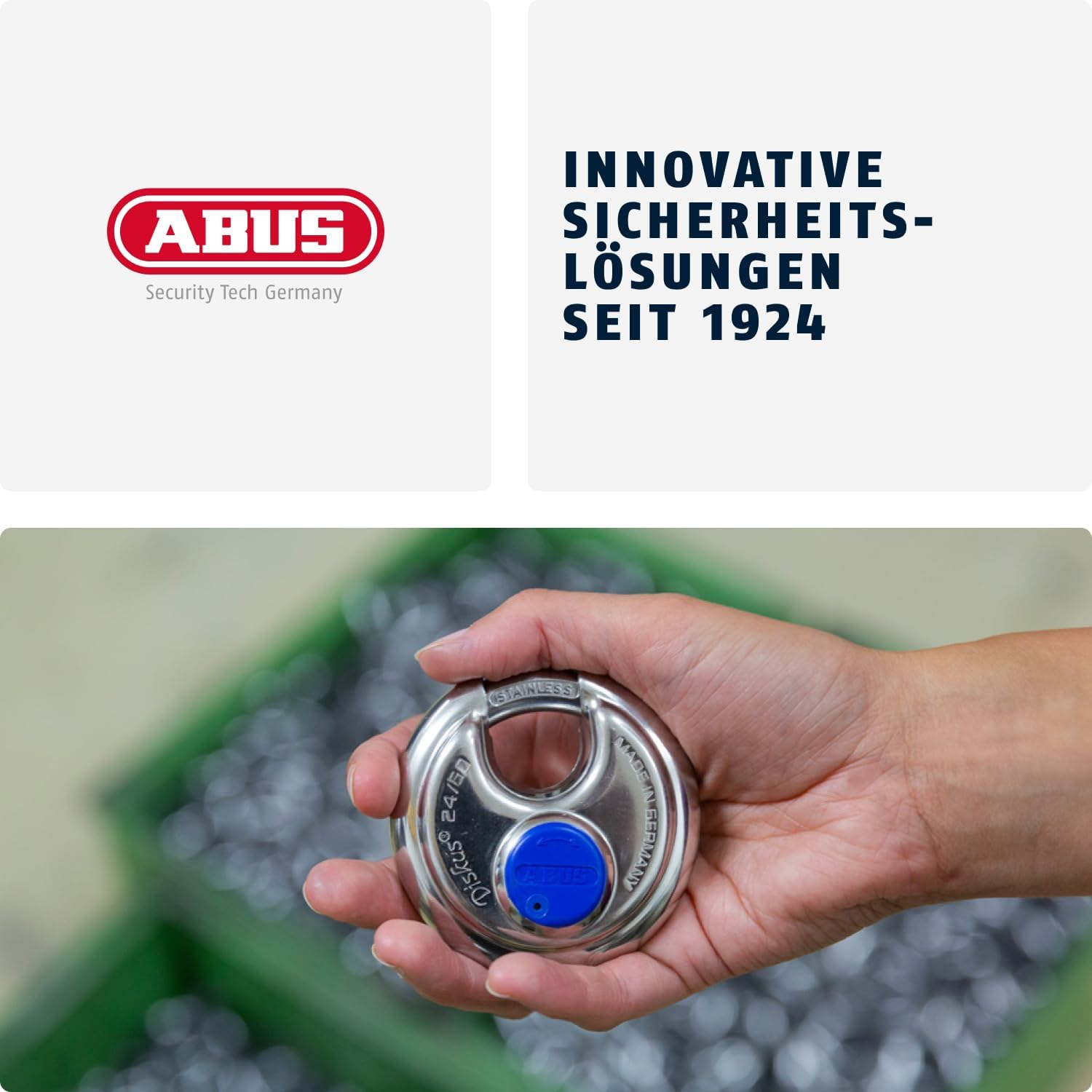 ABUS Diskus Padlock 24IB/60 Made of Stainless Steel - with 360&deg; All-Round Protection - for Securing in Extreme Weather Conditions - 05633 - ABUS Security Level 7 - Silver/Blue image number 4