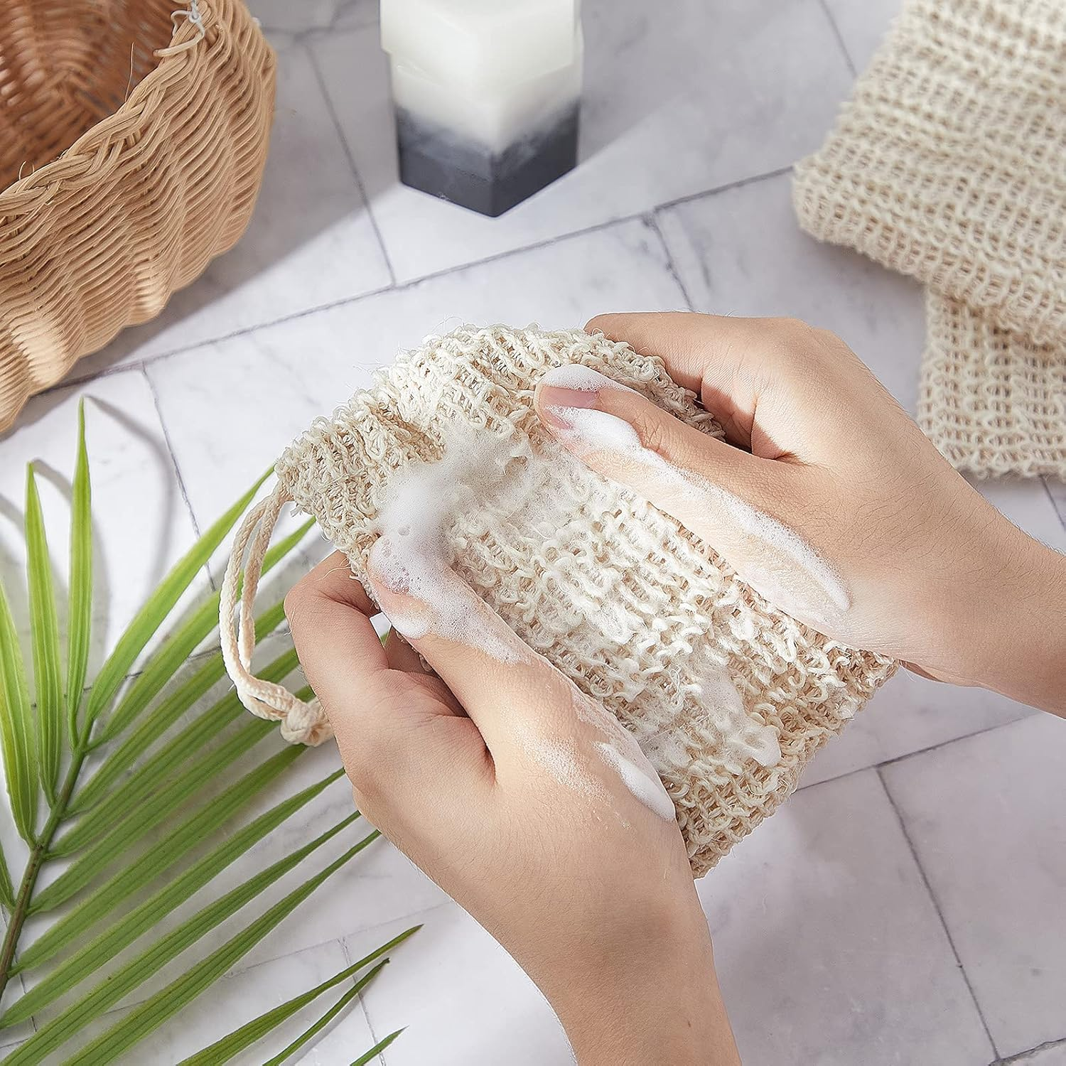 BBTO 5 Pieces Soap Saver Bag Natural Sisal Exfoliating Soap Pouch for Foaming and Drying the Soap Bars Shower Soap Bag(10 X 15 Cm,Beige) image number 2