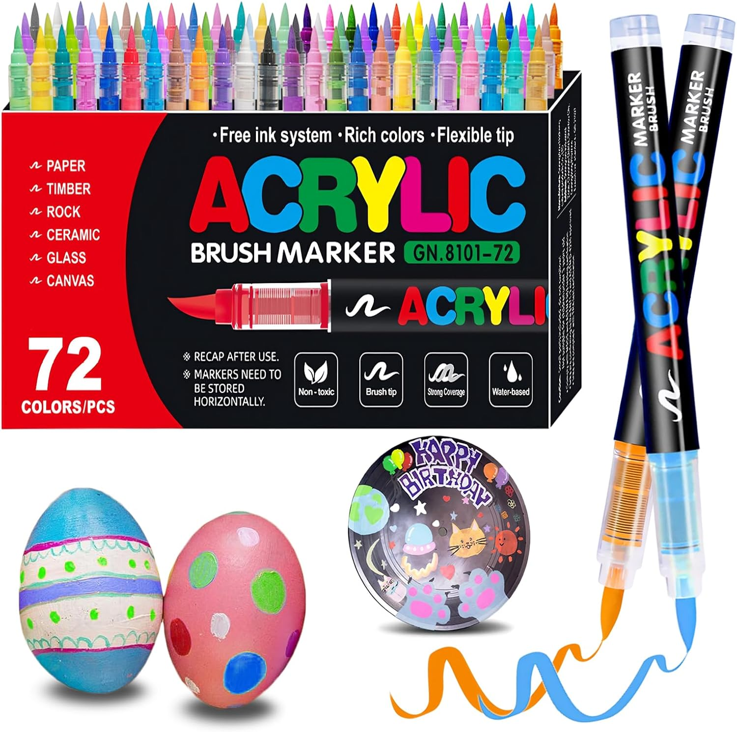72 Colors Acrylic Paint Pens - Soft Brush Tip Acrylic Markers, Quick-Drying Waterproof Acrylic Paint Markers for Canvas, Wood, Metal, Ceramic, Stone, Egg, Rock Painting and DIY Art Crafting image number 1