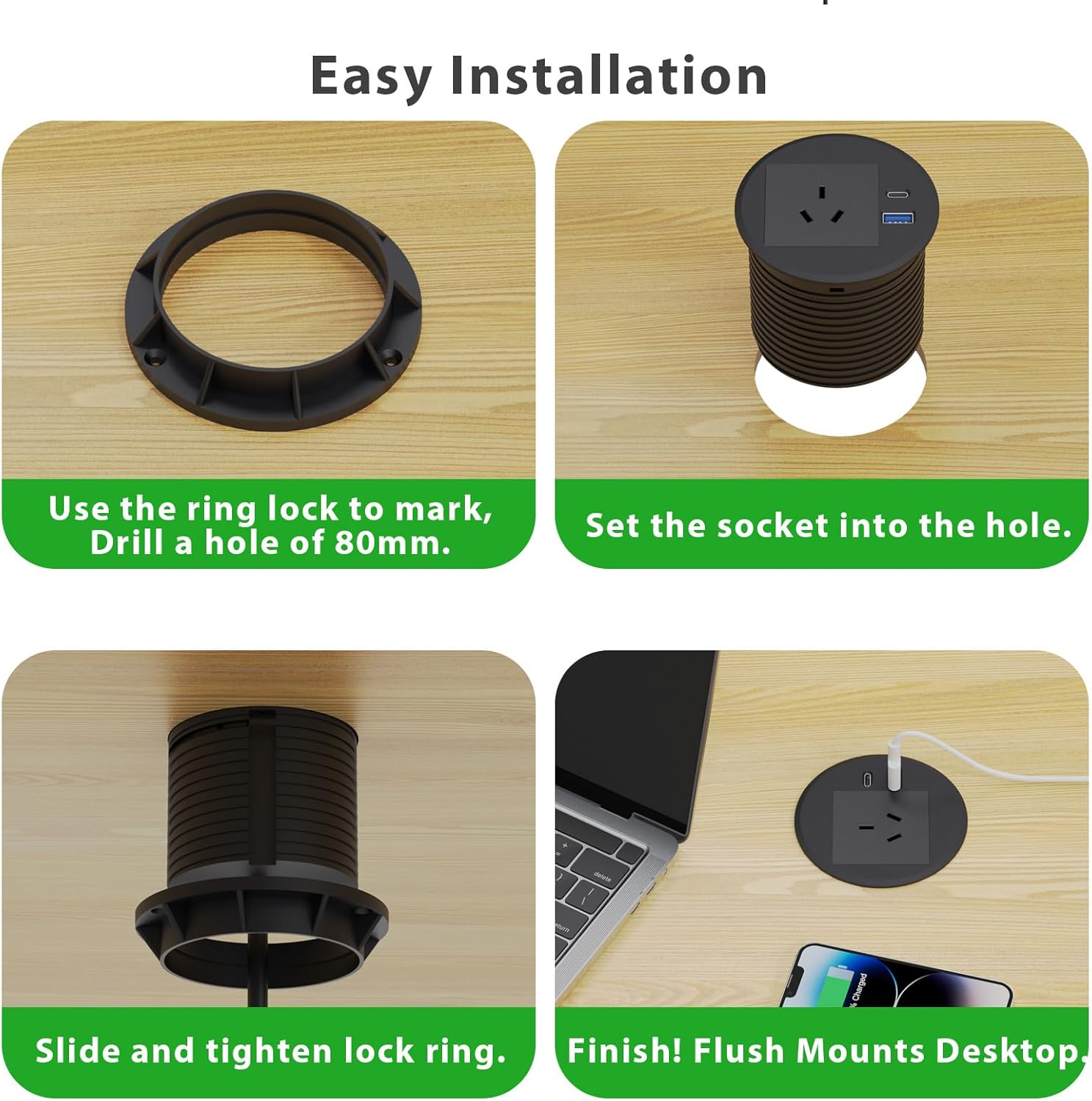 Desk Power Grommet, Haylink Recessed Power Board 80Mm Hole Grommet with AC Outlets, PD 20W USB A+C Ports, 2M Cable, Furniture Power Board for Home Office Workshop, Black image number 6
