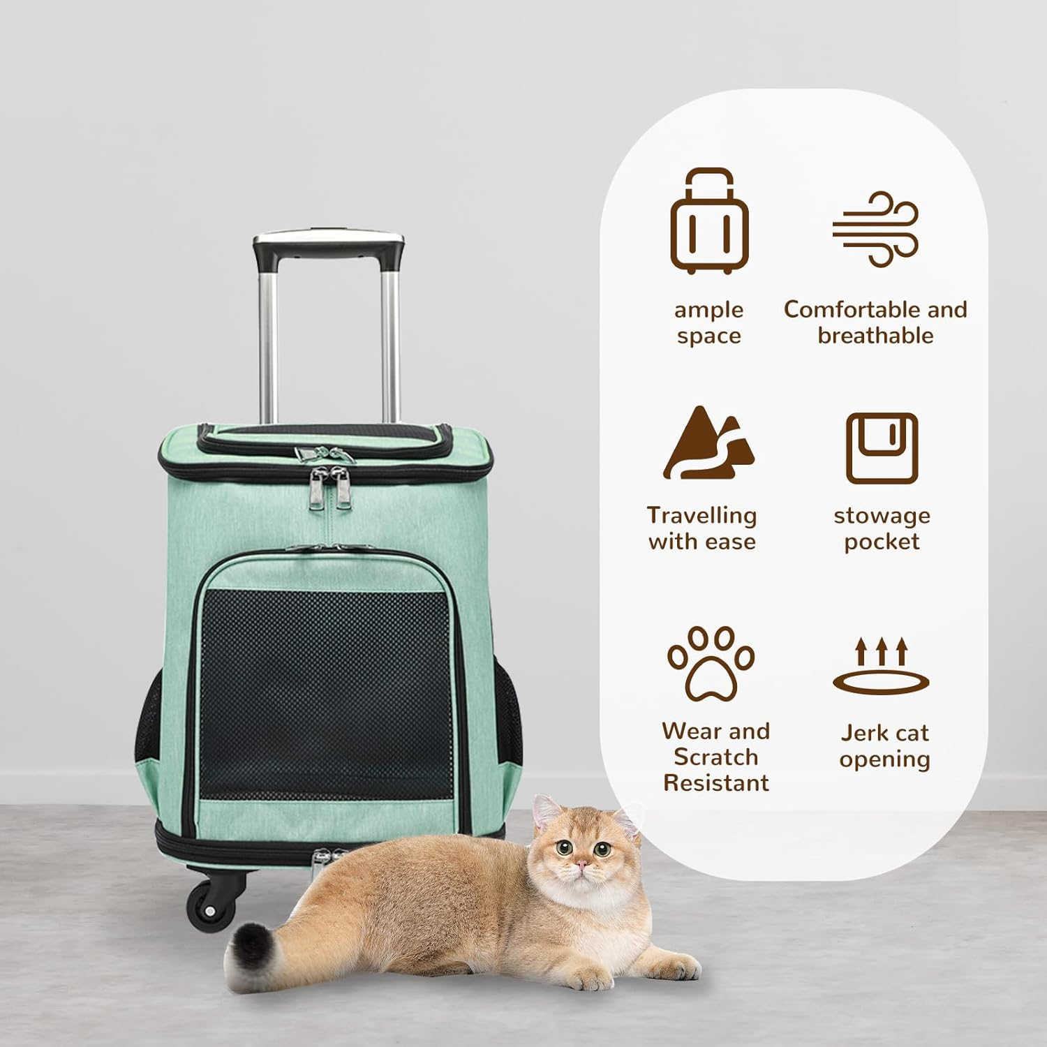 Rolling Pet Carrier, Portable Large Capacity Breathable Pet Carrier with Low Noise Wheels, Side Pocket anti Scratch Cat Backpack for Travel (Green) - Orange image number 4