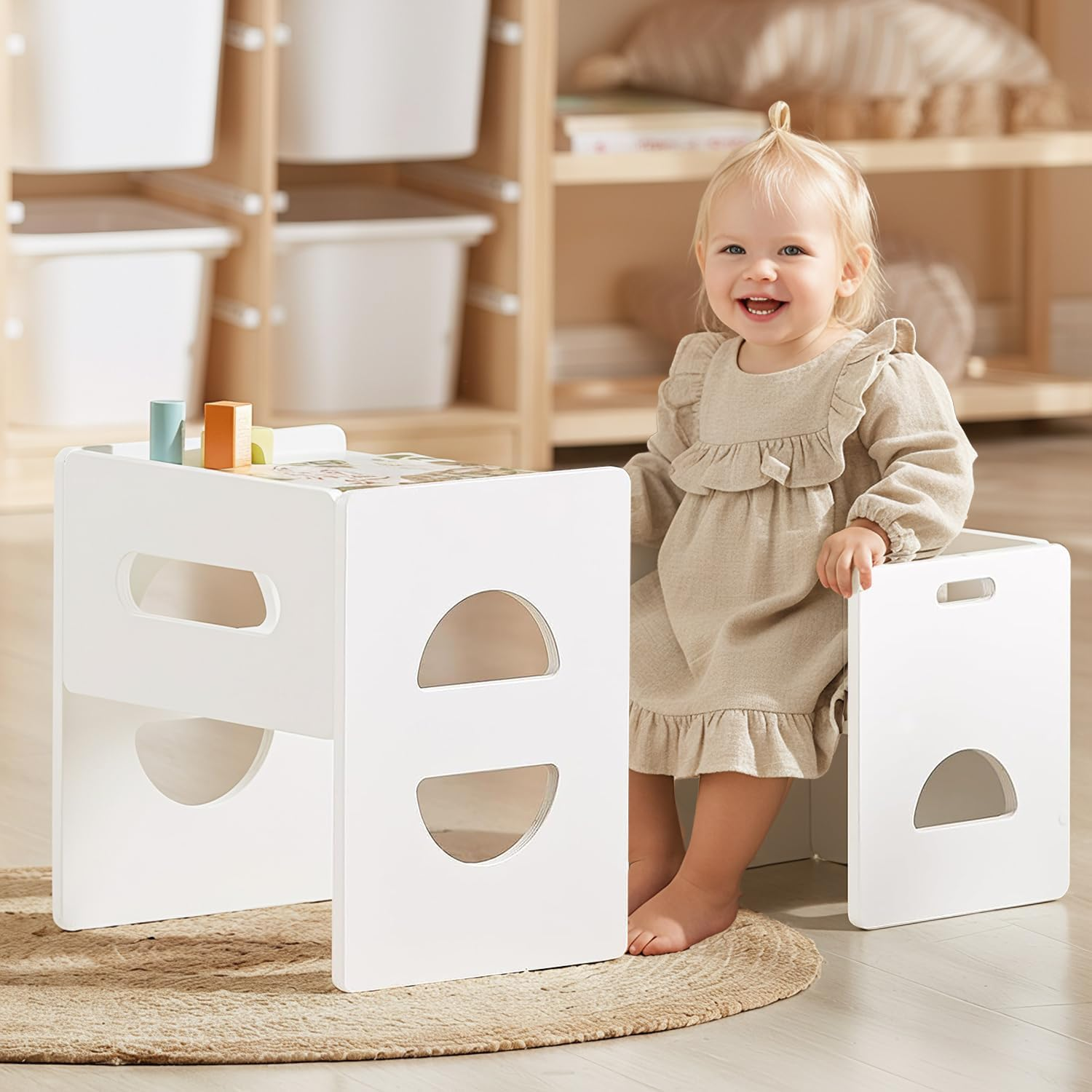 FUNLIO Height Adjustable Montessori Table and Chair Set for Age 1-3, Solid Wood Kid Table and Chair Set, Weaning Baby Table Chair Set for Reading/Eating/Playing, Easy to Assemble - White image number 4