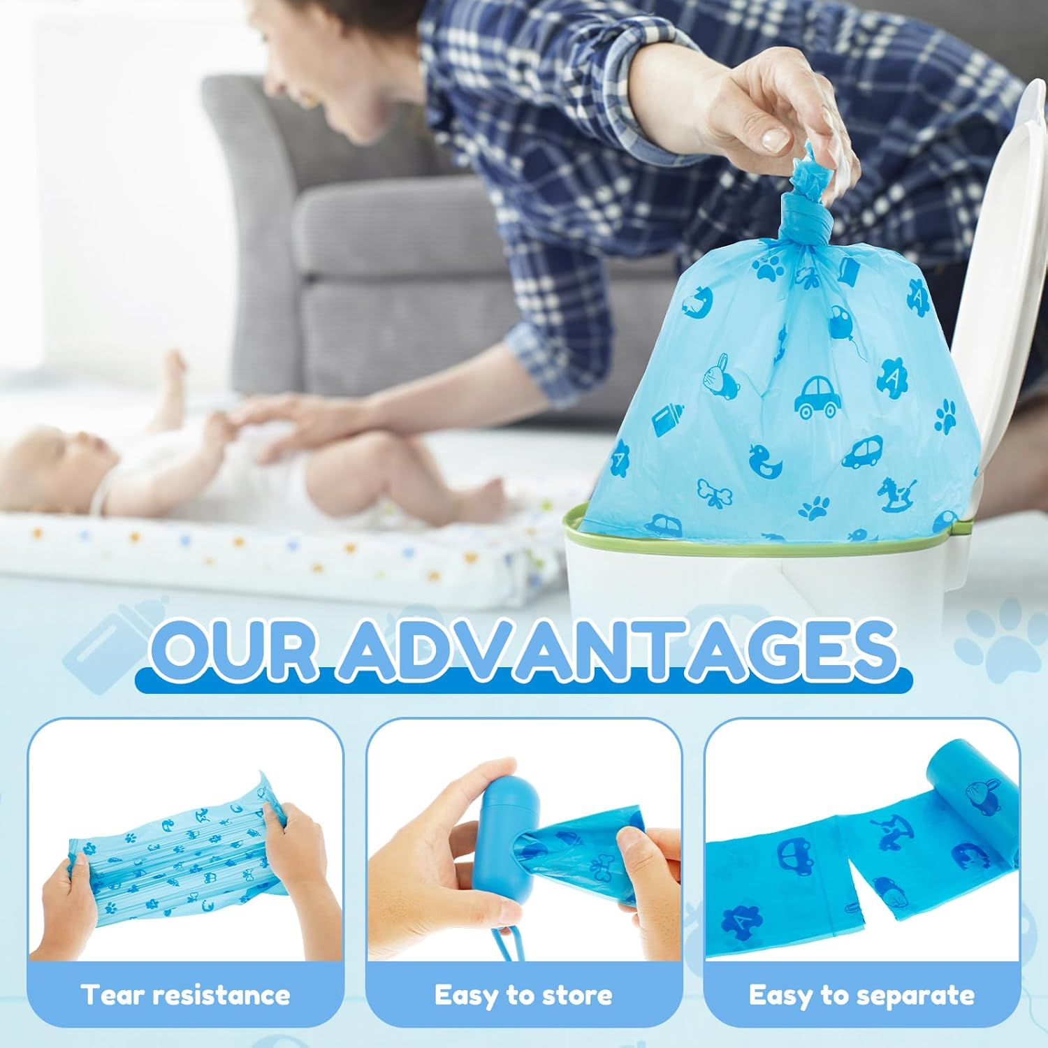 Diaper Bags, 12/16 Rolls, Leakproof, Tear Resistant, Baby Waste & Animal Waste, 180 Bags, Unscented, 1 Count