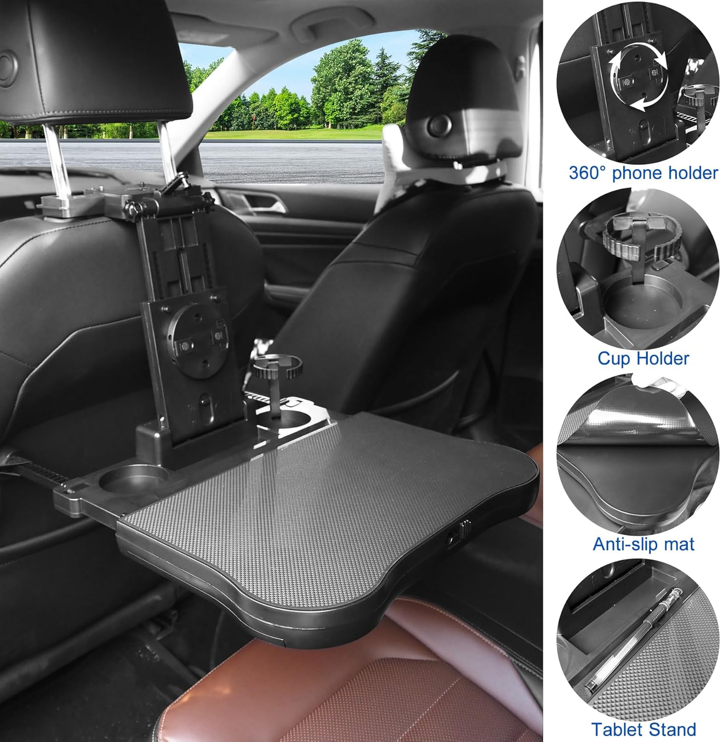 Car Backseat Table with Expandable Tray, Foldable Car Headrest Table for Kids Passenger Seat Back Travel Organizer Holder, Eating Working Laptop Desk with Phone & Cup Holder for Cars SUV Truck image number 5