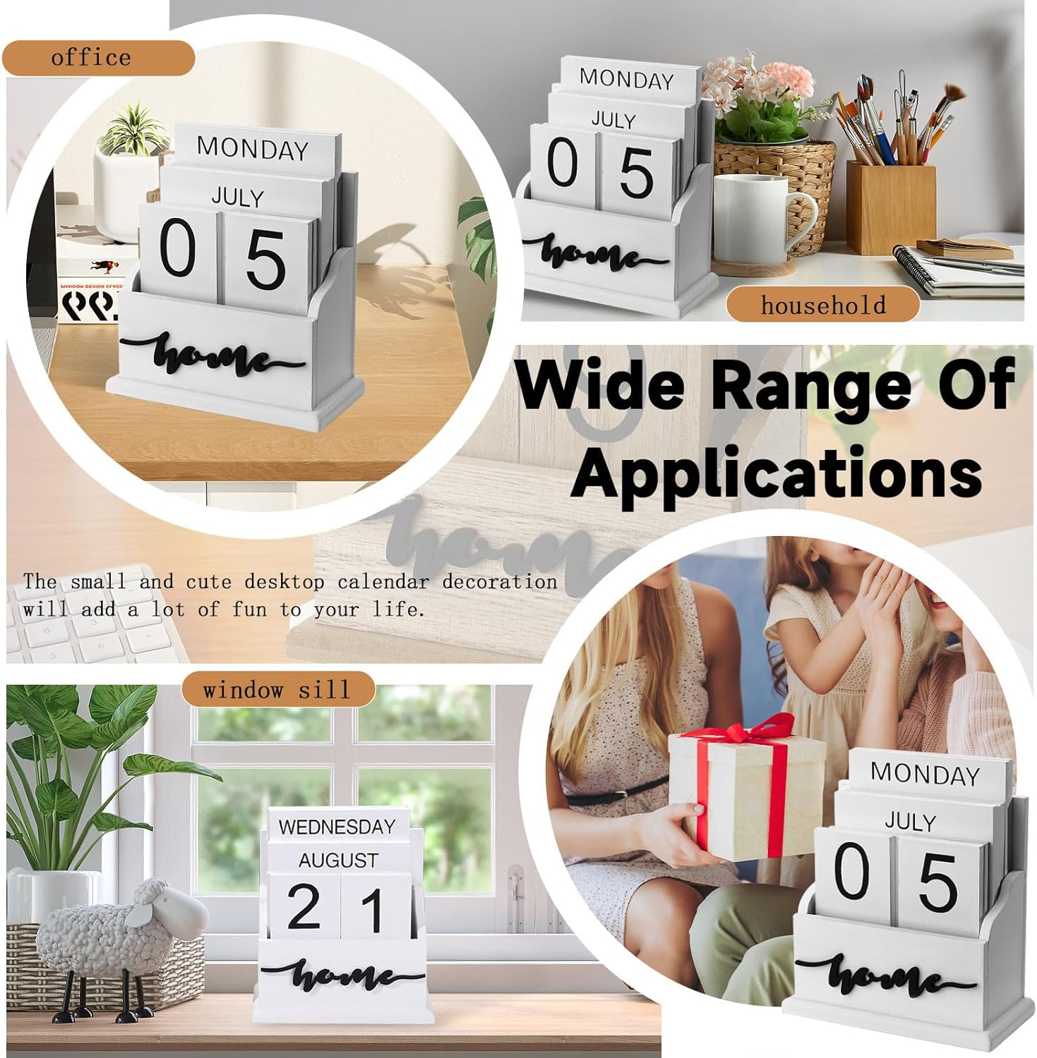 Wooden Block Perpetual Calendar for Desk, Wood Desktop Month Week Date Display Calendar, Rustic Farmhouse Boho Home Office Decor Aesthetic Desk Accessories (White) image number 4