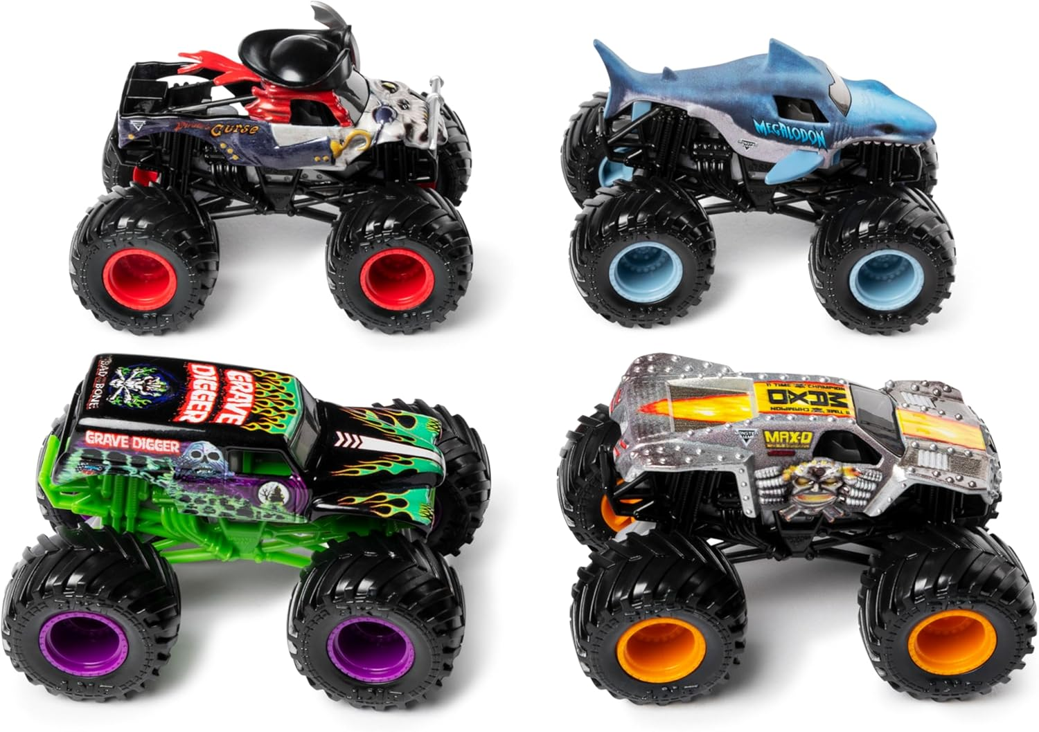 Monster Jam, 4 Pack Land Vs. Sea 1:64 Scale Die-Cast Toy Cars (Grave Digger, Max-D, Megalodon, Pirate'S Curse) image number 1