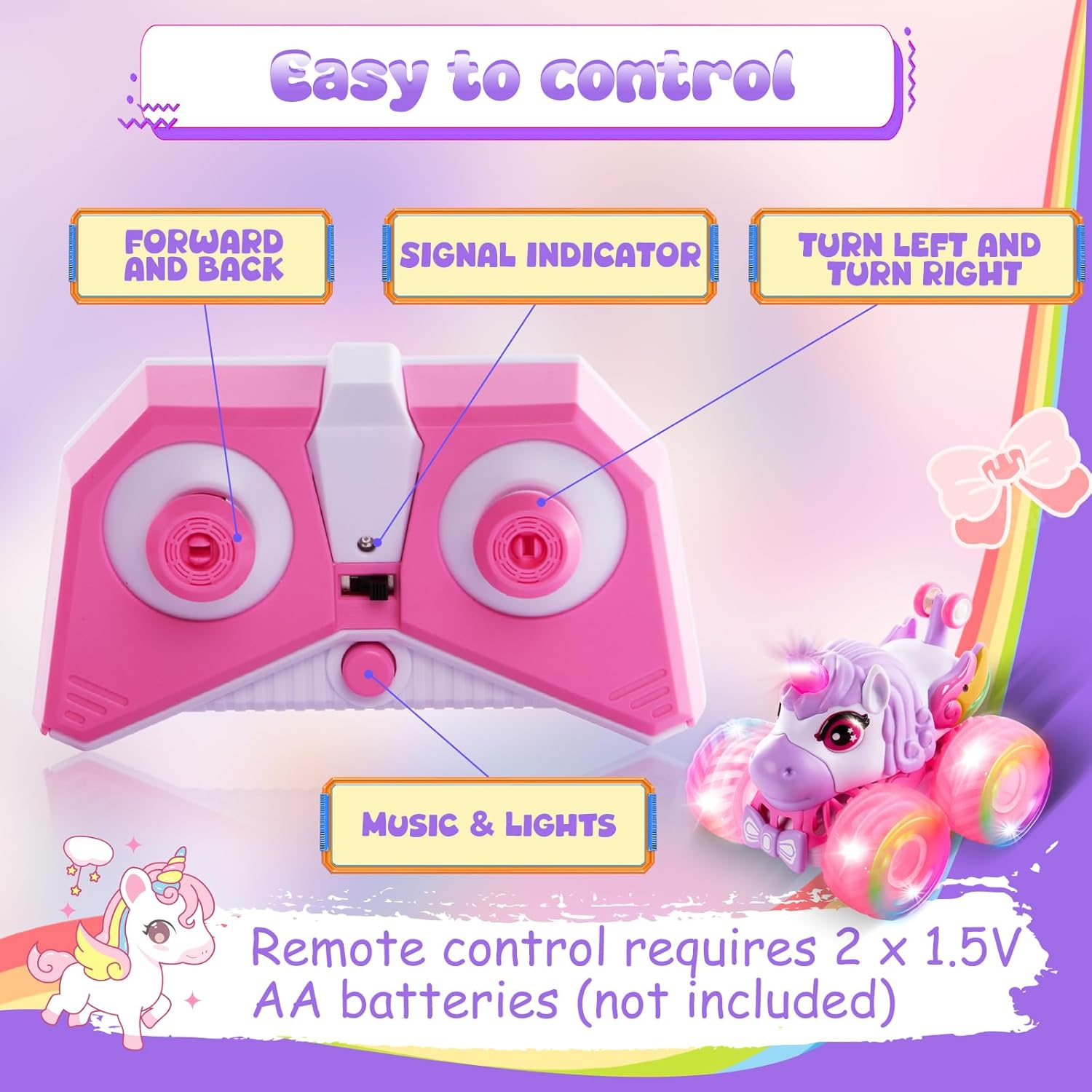Remote Control Car for Girls, Pink Unicorn Toys SUV 4WD Stunt Car with Music & LED Lights, Off-Road Tires, 2.4Ghz RC Toys Car All-Terrain RC Vehicle for Kids Girl Birthday Gifts Age 3 4 5 6 7 8 9 image number 5