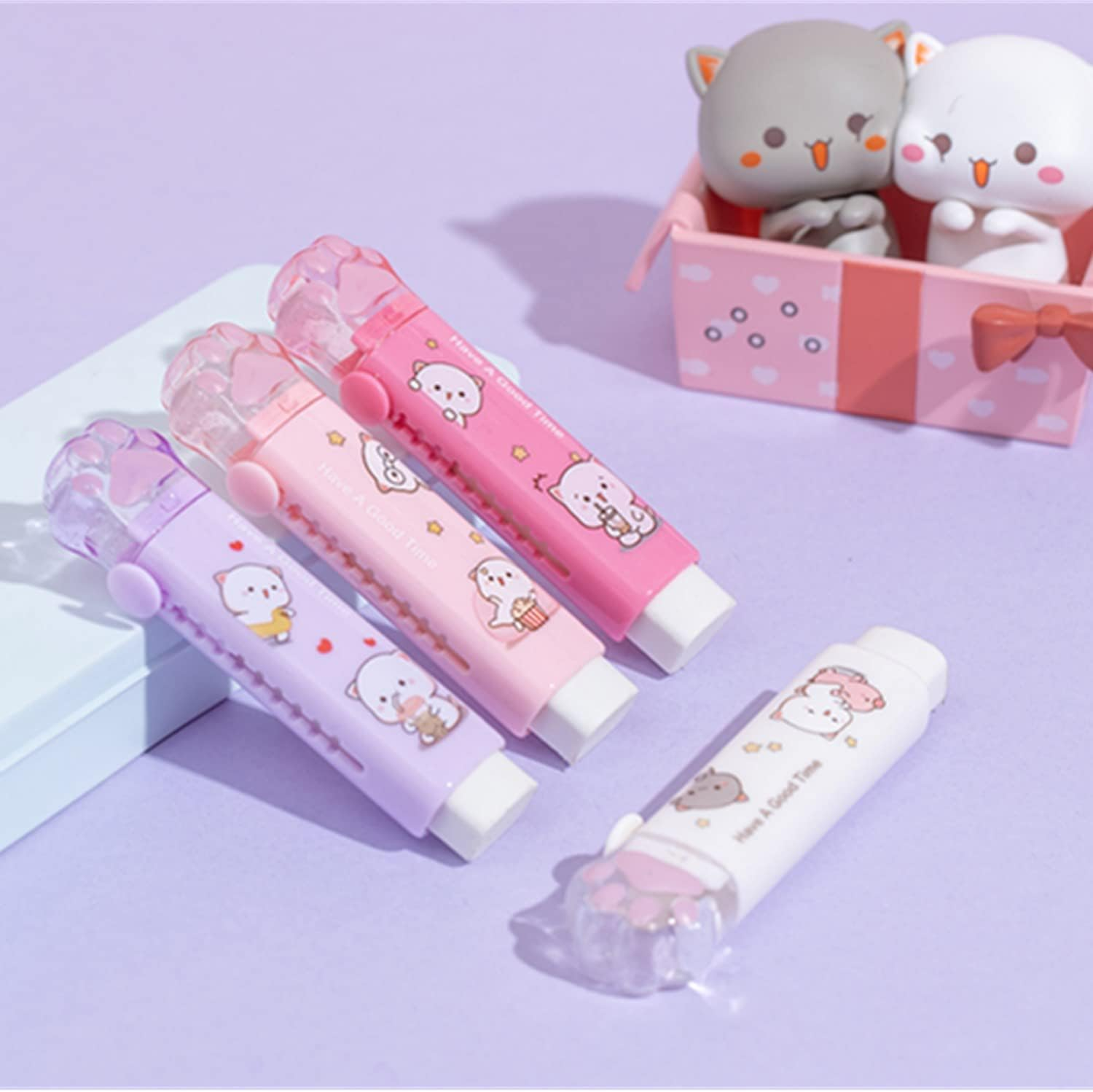 Cat Paw Shaped Cute Push Pull Design Retractable Pencil Erasers for Kids, 4 Colors,Fun Party Favor & School Supplies, Kawaii Drawing Eraser for Boys and Girls (SZE04A) image number 4