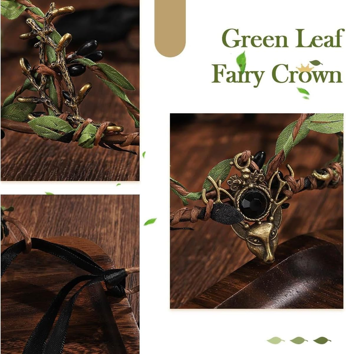 AIMALL Green Leaf Wreath Crown Hair Band with Adjustable Ribbon - Elven Fairy Bride Bridesmaid Headwear for Wedding, Photo Props, and Fantasy-Themed Events image number 4