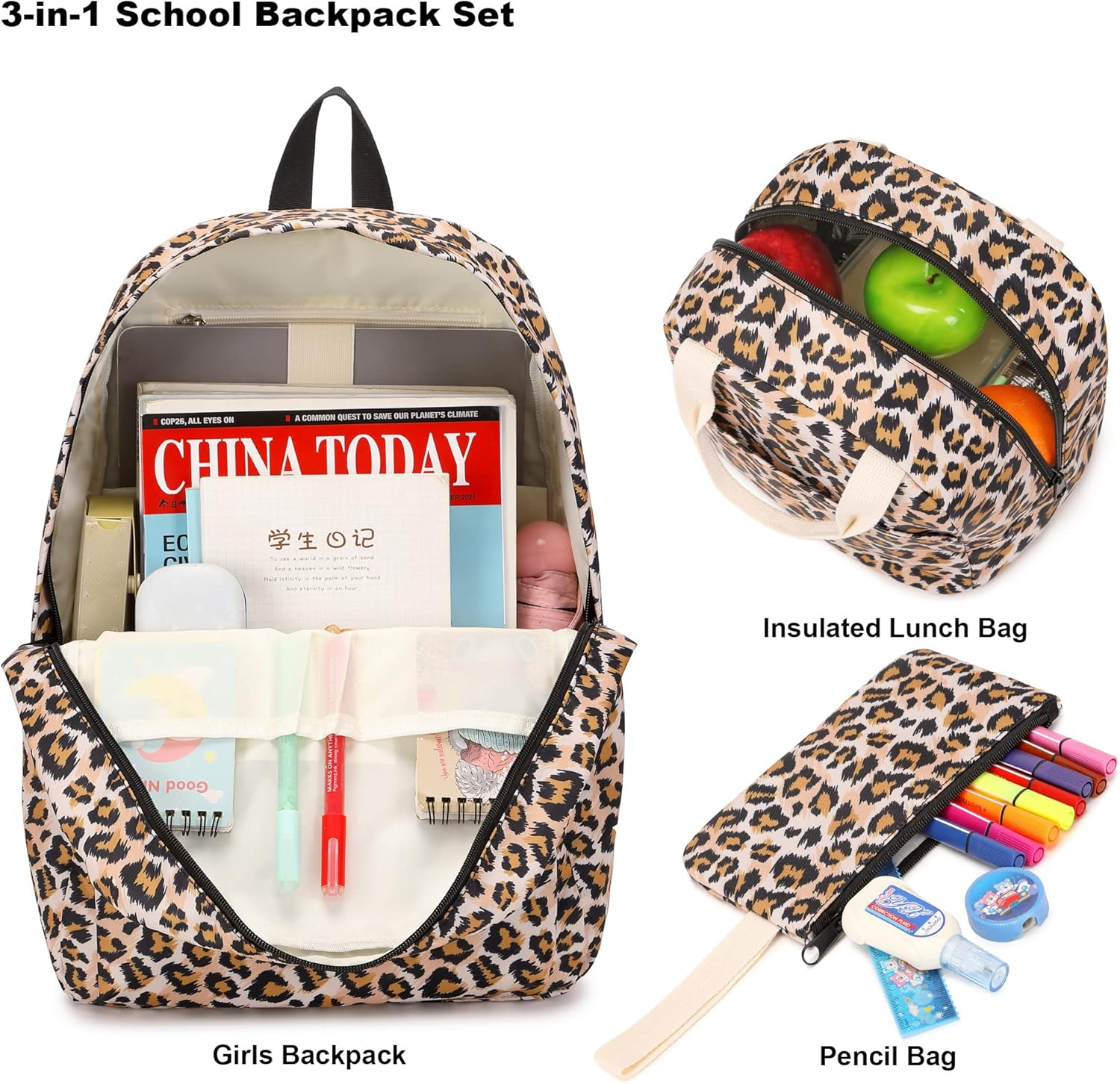 Girls School Backpacks for Kids Teens, 3-In-1 School Bag Bookbags Set with Lunch Bag Pencil Case - Avocado image number 6