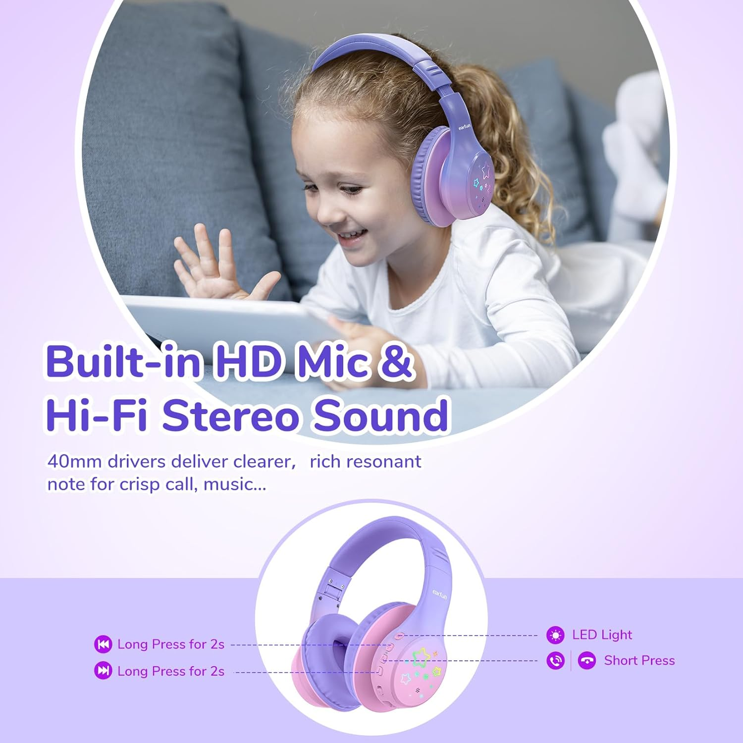 Earfun K4 Kids Bluetooth Headphones Wireless with LED Lights, 74/85/94Dba Volume Limited, Built-In Mic, 90H Playtime, Bluetooth 5.4 over Ear Headphones for Ipad/Pc/Tablet/School, Violet - Blue image number 3