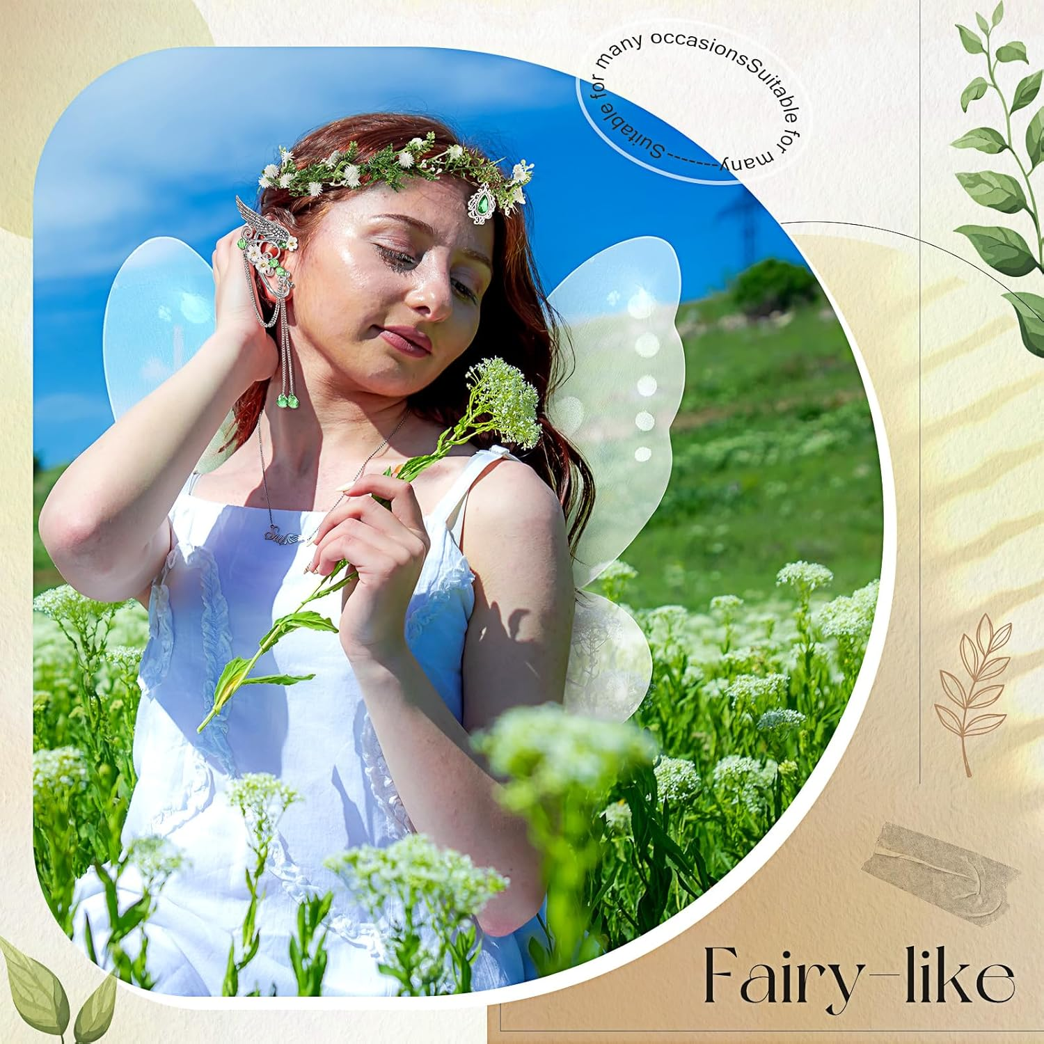 Zeyune Halloween Elves Cosplay Set Fairy Flower Crown Headpiece Elf Ears Cuffs Renaissance Costume Leaf Elves Wings Ear Cuff image number 3