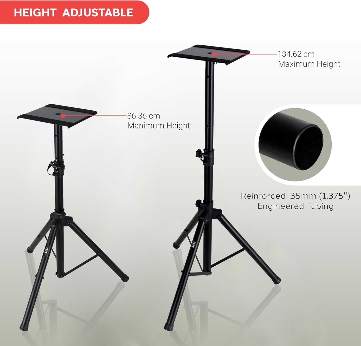 Pyle Dual Studio Monitor 2 Speaker Stand Mount Kit - Heavy Duty Tripod Pair and Adjustable Height from 34.0&rdquo; to 53.0&rdquo; W/Metal Platform Base - Easy Mobility Safety PIN for Structural Stability PSTND32 image number 5