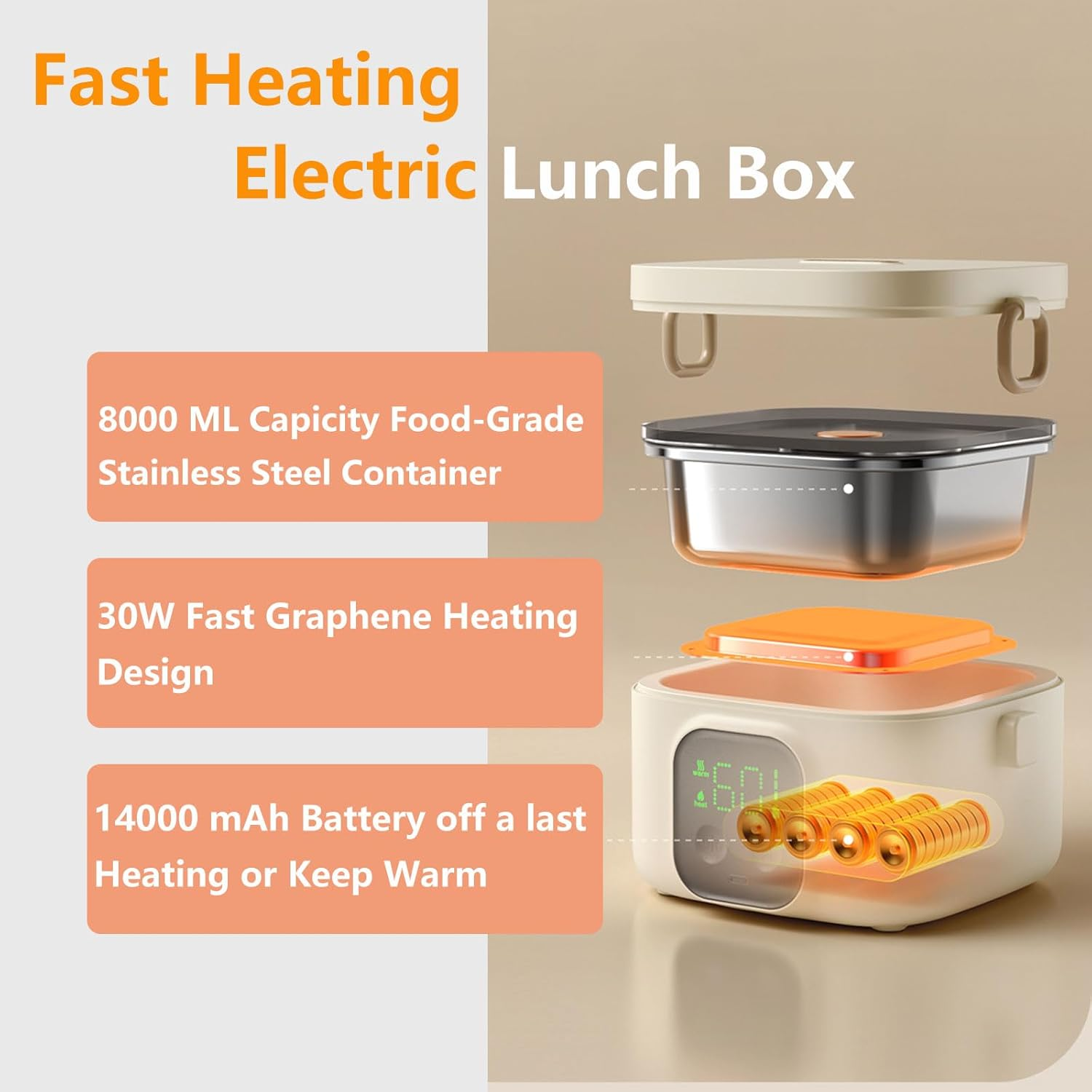 Portable Wireless Electric Heated Lunch Box for Adults,Heating Food Lunch Box for Work,Rechargeable 14000Mah Battery,0.8L Capcity Inner Food Warmer Container,Lunchbox for Travel,Outdoor,Picnic,Office. image number 6