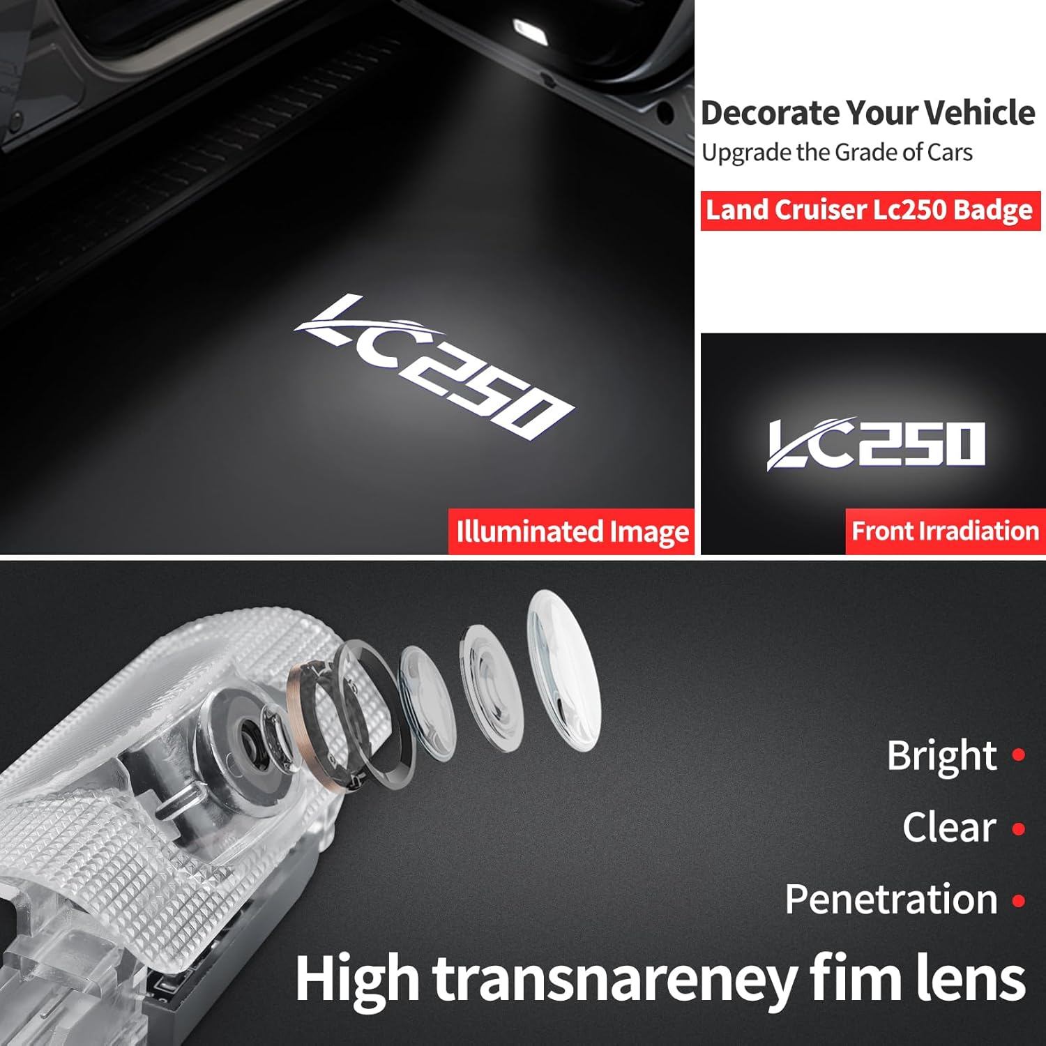 Car Door Courtesy Lamp Logo Welcome Projection Durable LED Light, Fade-Free Logo Projection for 2024 2025 2026 Toyota Land Cruiser Prado 250 LC250 Interior Modification Accessories Decoration Lighting - 4 Pieces (For Lc250) image number 2