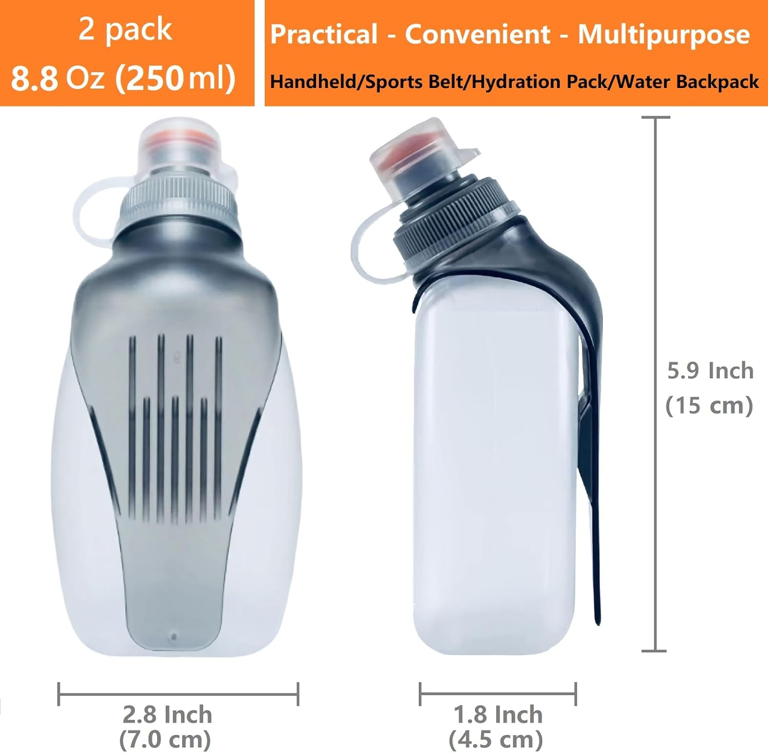 HECHZSO Water Bottle for Running No Bounce Water Bottle with Clip and Cover Cap,Bpa-Free Plastic, 8.8Oz (250Ml) for Running/Marathon/Walking/Hiking/Cycling/Trail/Skiing (2 Pack) image number 1