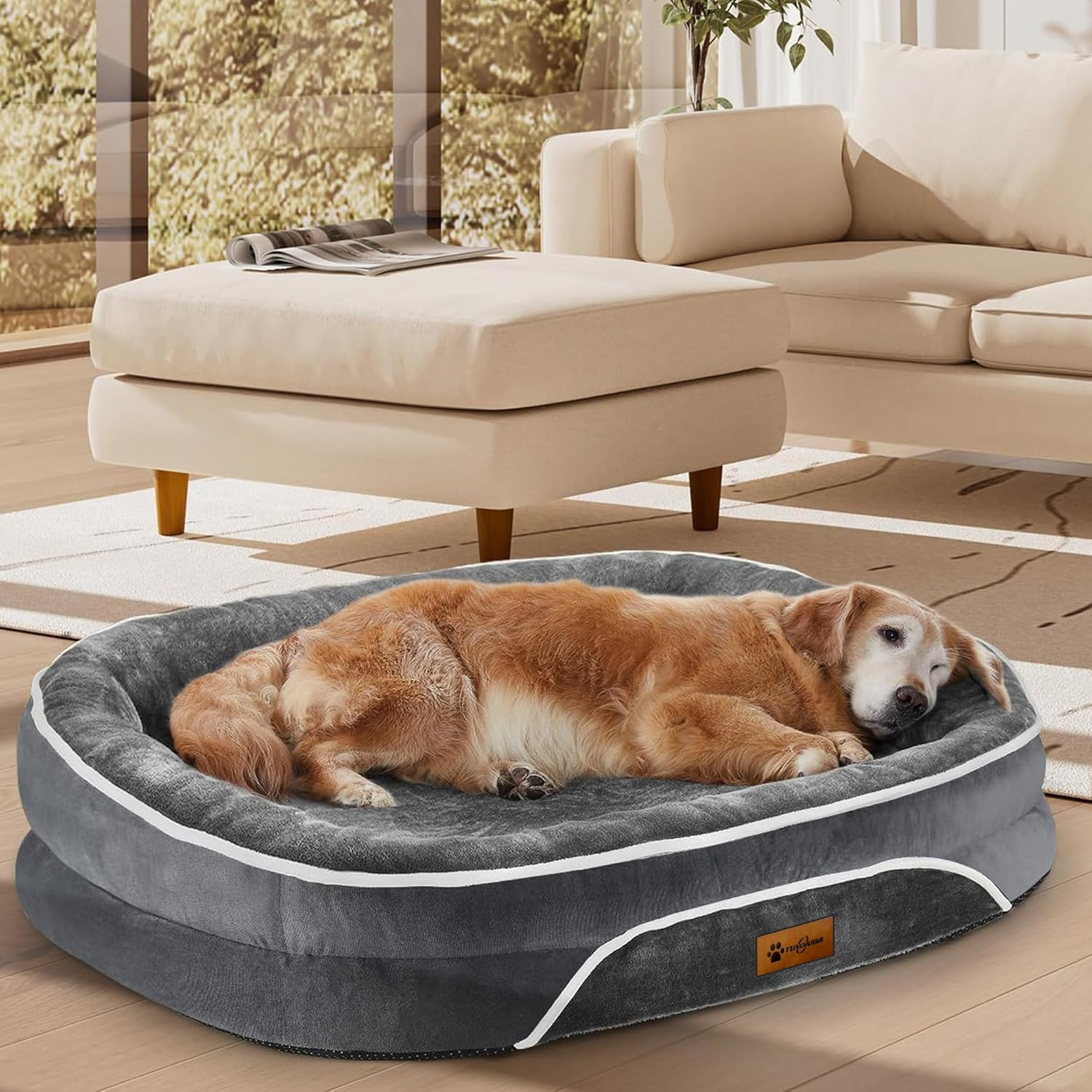 TUXOIUBA Orthopedic Dog Bed with Egg Foam Support, Large Dog Sofa Bed for Large Dogs, Machine Washable Plush Cover and Non-Slip Bottom with Four Sided Bolster Cushion image number 1