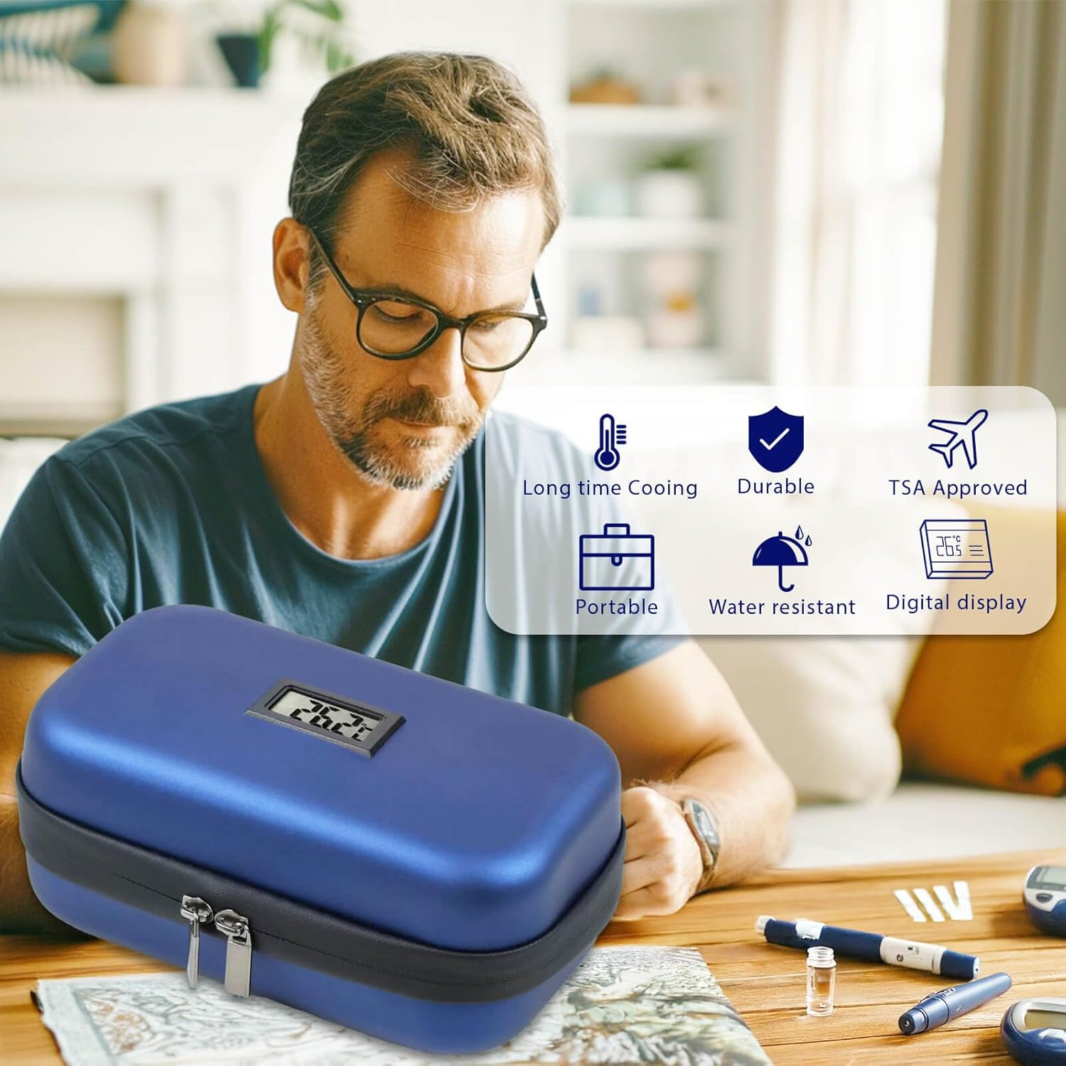 Insulin Cooler Travel Case with Celsius Temperature Display, Diabetic Medication Insulated Cool Organizer Carrying Bag with 2 Ice Bag for Insulin Pen and Other Dicbetic Supplies for Trip and Daily image number 1