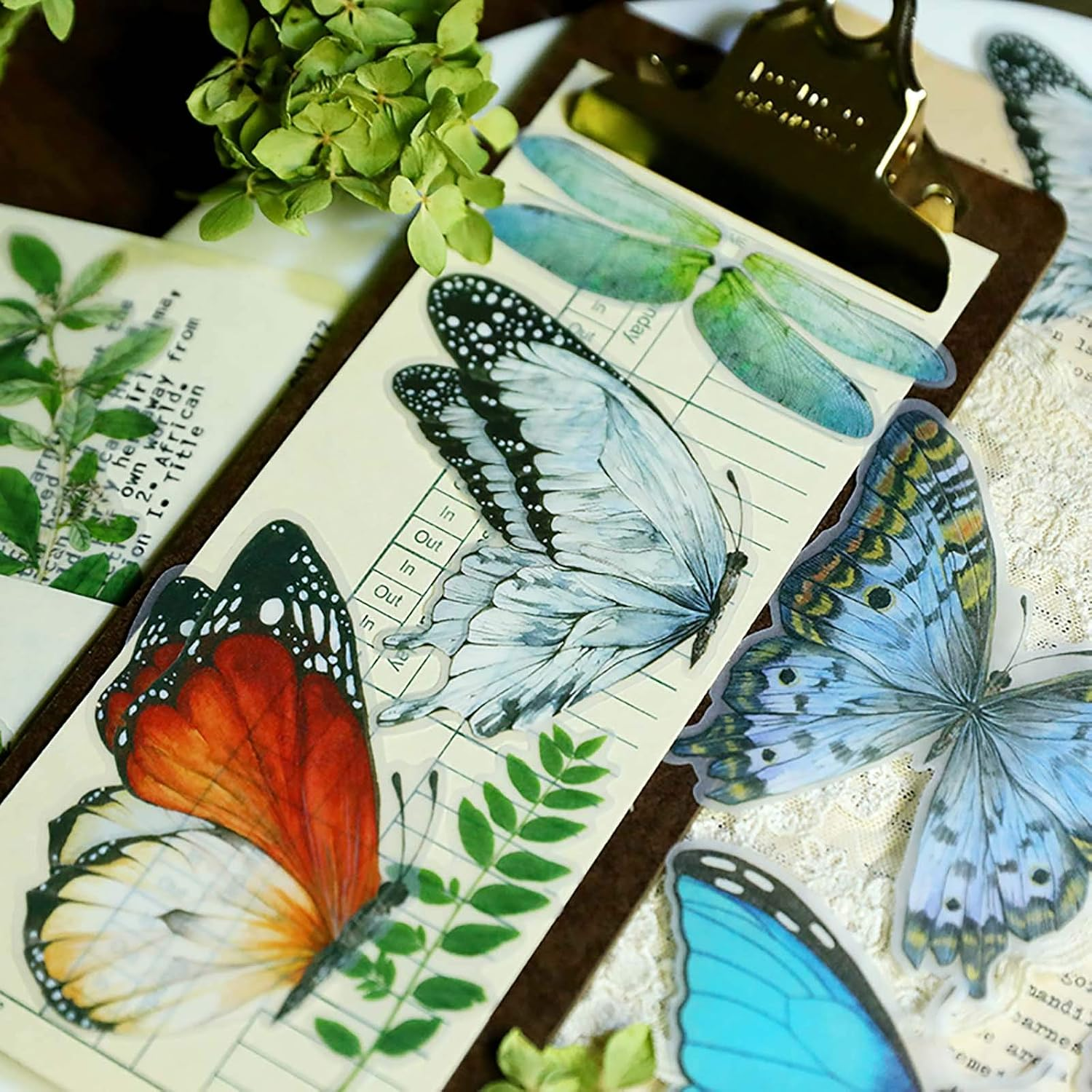 Doraking 50PCS Vintage Tropical Plants Butterfly Green Plants Stickers for Decoration Laptop Scrapbook, Doraking No-Repeat Vintage Butterfly Stickers image number 2
