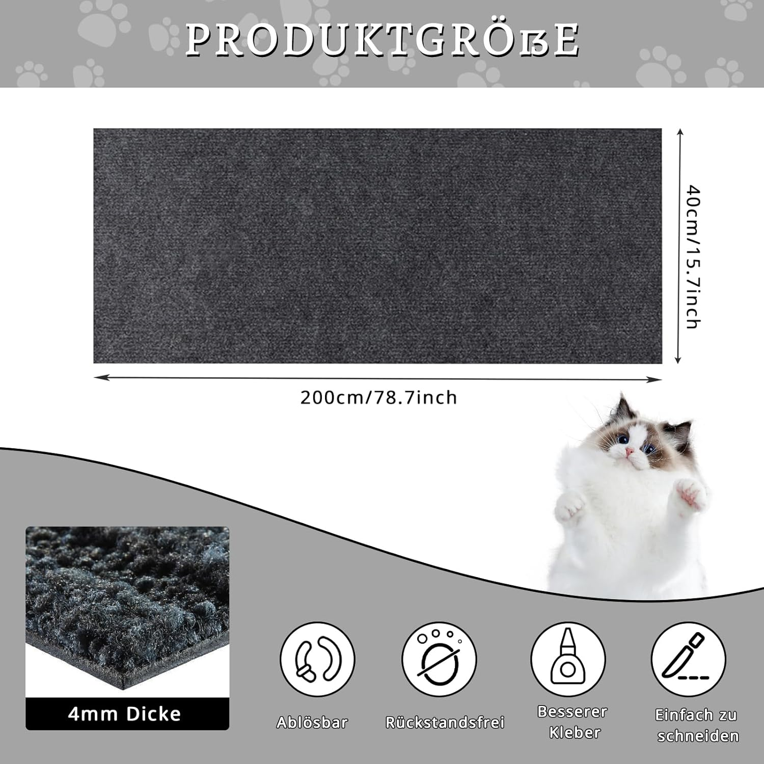 200 Cm X 40 Cm Cat Scratching Mat, Self-Adhesive, Scratching Boards Cat Wall, Scratch Protection Sofa Cat, DIY Scratching Board, Cat Scratching Mat, Dark Grey image number 3