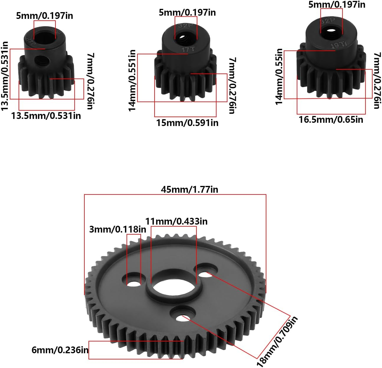 Ecsing 1 Sets 0.8 32 Pitch Metal Steel 3956 Motor Gears Spur Gear with 15T 17T 19T Pinions Gear Compatible with Tra-Xxas 1/10 Slash 4X4 4WD 2WD image number 5