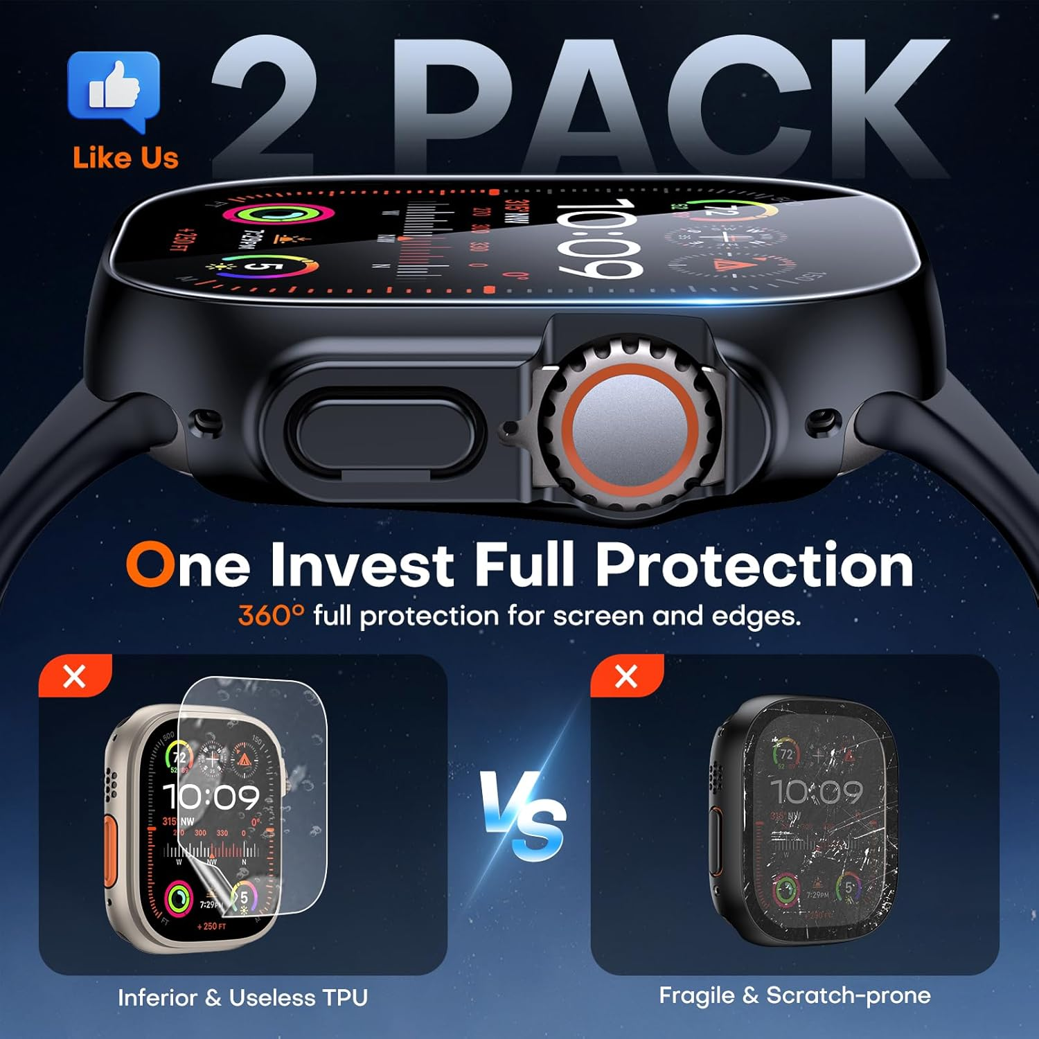 TAURI 2 Pack Hard Case Designed for Apple Watch Ultra 3/2/1 49Mm, [360&deg; Shockproof] with 9H Tempered Glass Screen Protector, [Scratch-Resistant] Cover - Black image number 1