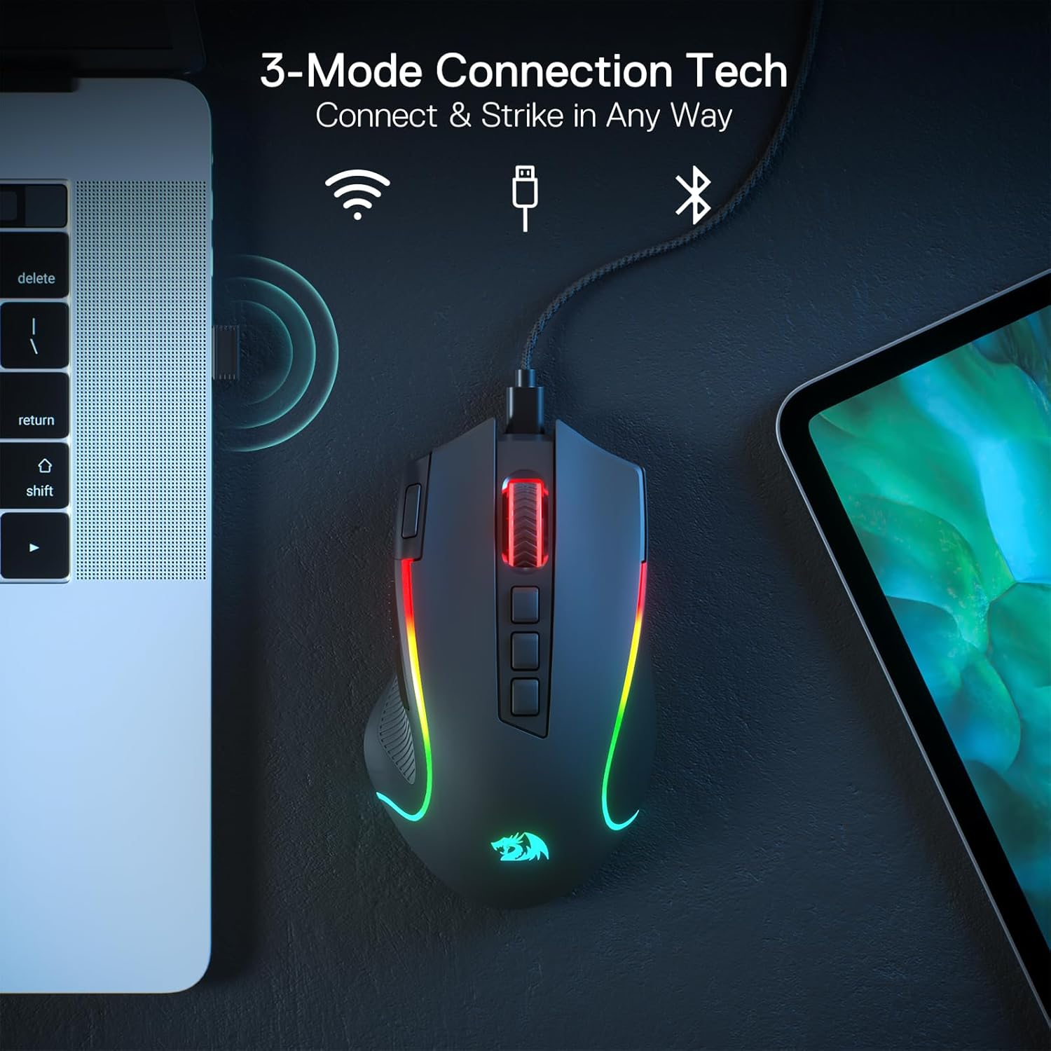 Redragon M612 PRO RGB Gaming Mouse, 8000 DPI Wired/Wireless Optical Gamer Mouse with 9 Programmable Buttons & 7 Backlit Modes, BT & 2.4G Wireless, Software Supports DIY Keybinds Rapid Fire Button image number 6