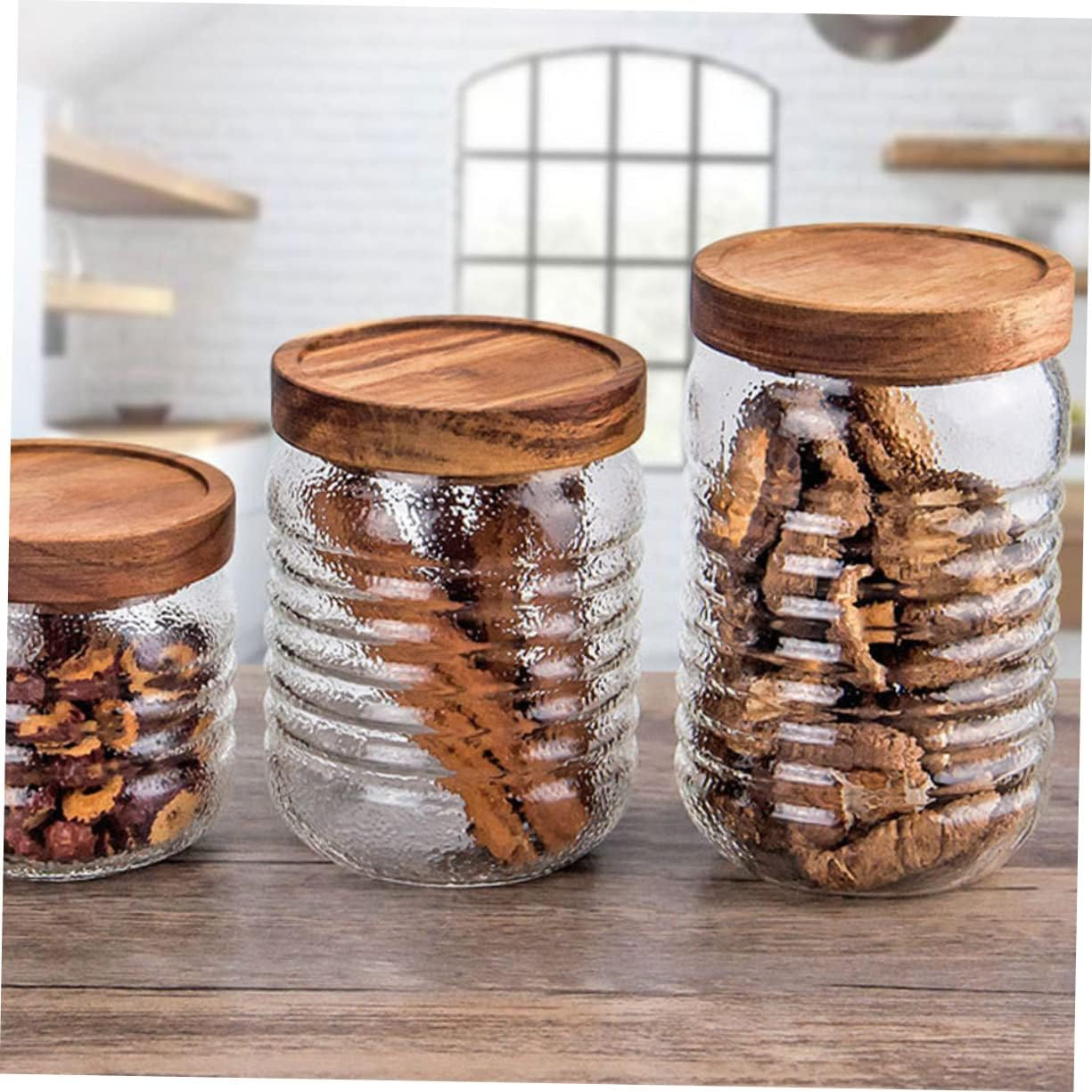 Mikinona 500Ml Airtight Jar Wooden Cover Storage Containers for Kitchen Home Office Flour Tea Sugar image number 4