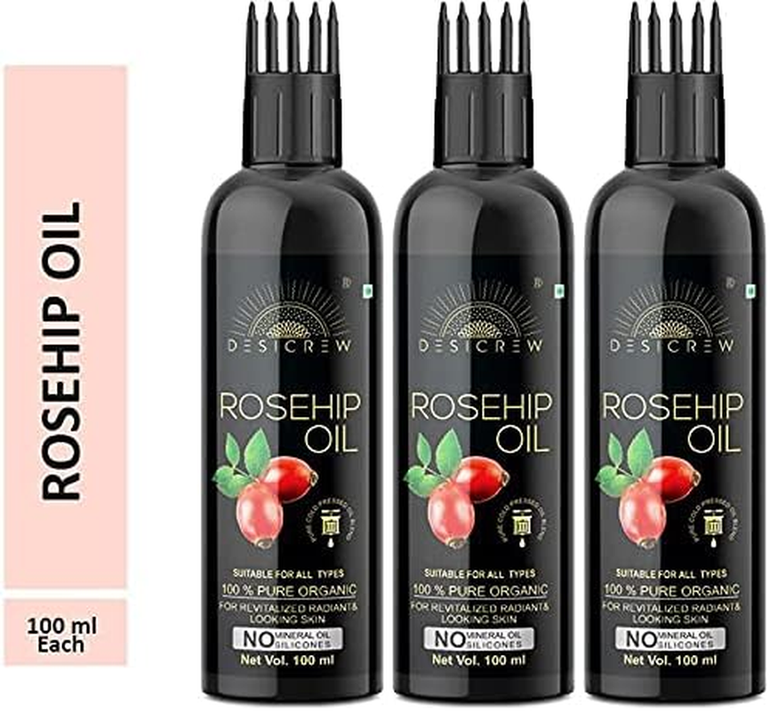 Desicrew Rosehip Oil - with COMB APPLICATOR - Cold Pressed - for Face, Nails, Hair and Skin 100Ml Pack of 3 Bottle 300Ml Hair Oil (300 Ml) image number 1