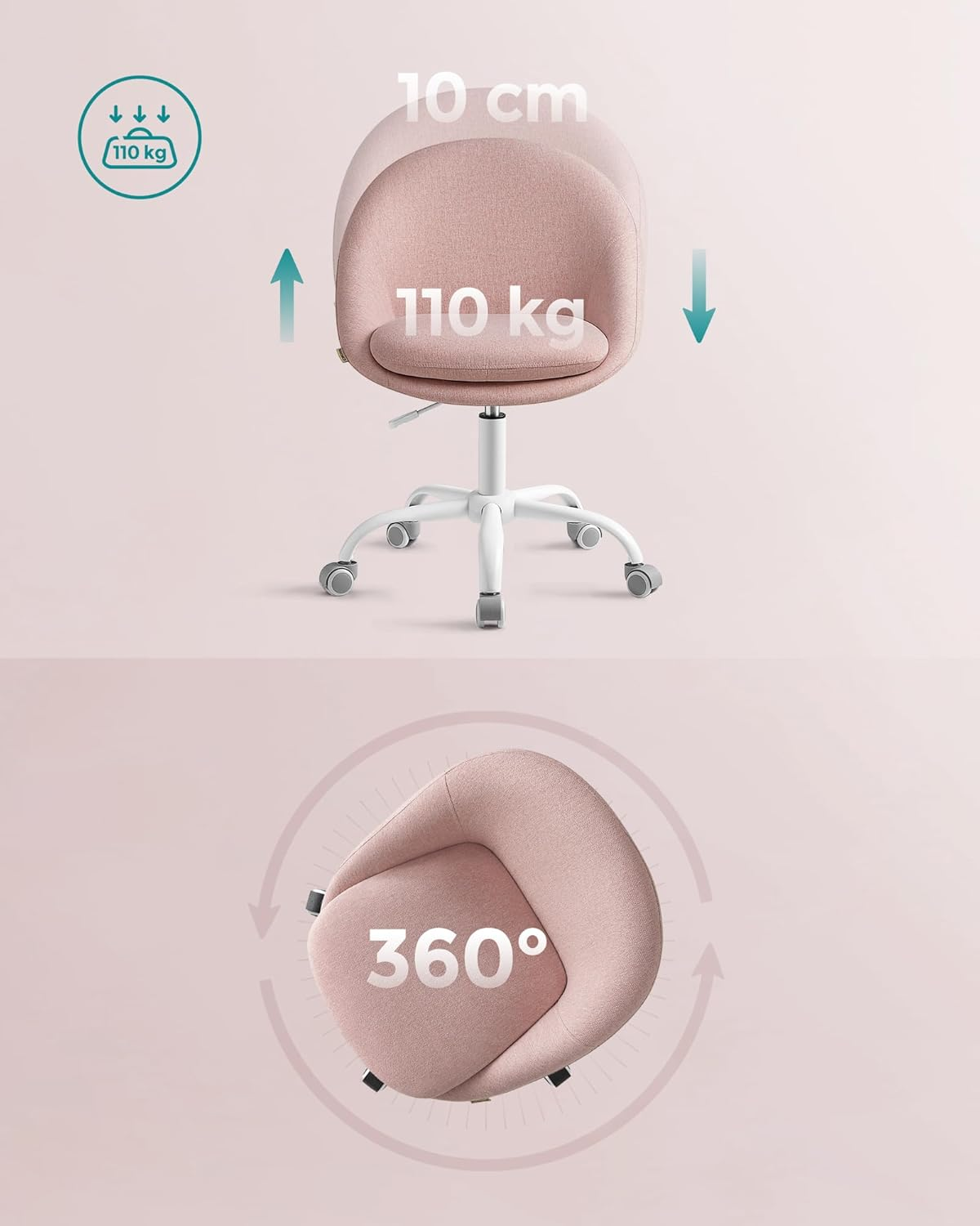 SONGMICS Homeoffice Swivel Chair Office Chair Foam Cover Height Adjustable for Study Bedroom OBG020P01 Pink image number 4
