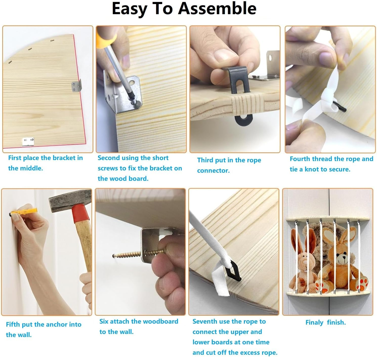 Storage Wood Soft Toy Shelf with Adjustable Length，Corner Stuffed Animal Toy Hammock Hanging, Hanging Toy Organizer, Large Corner Plush Toys Storage for Nursery Playroom Bedroom (Fan-Shape)