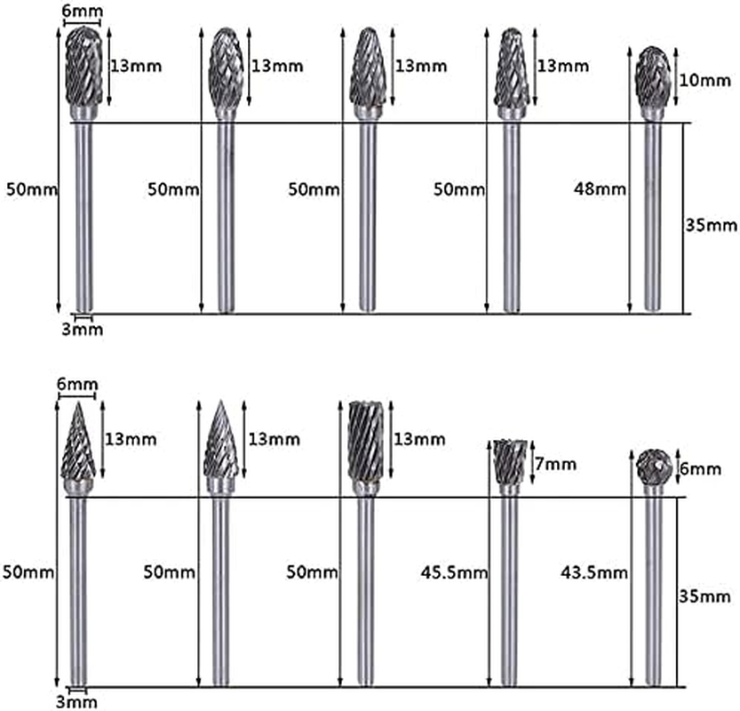 Double Cut Carbide Rotary Burr Set - 10 Pcs 1/8" Shank, 1/4" Head Length Tungsten Steel for Woodworking,Drilling, Metal Carving, Engraving, Polishing image number 1