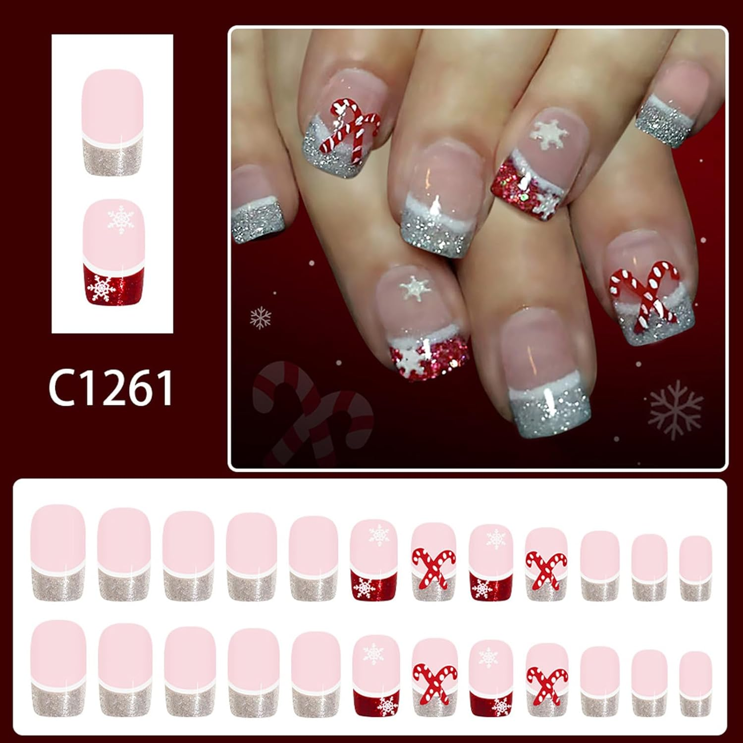 Holiday Glittering Press on Nails Short French Styles Snowflake Cane Pattern ABS for Festive Event Christmas Snowflake Press on Nail image number 2