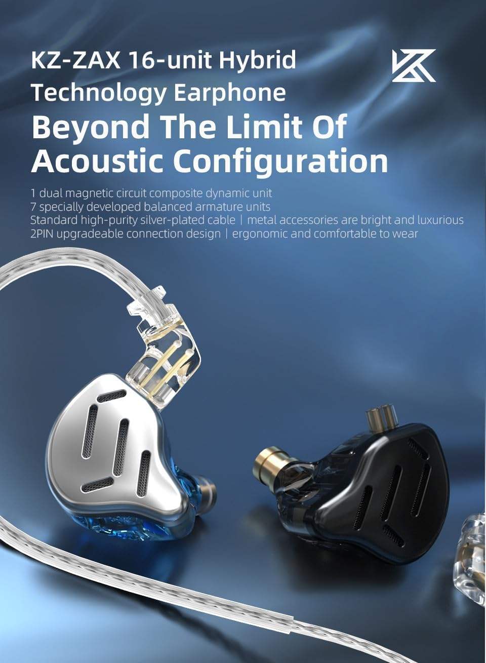 KZ Zax in Ear Monitor Headphone,16-Units Hifi Noise Reduction Hybrid-Driven IEM Headphone, Zinc Alloy Earbuds Earphones with Detachable Silver-Plated Upgrade Cable