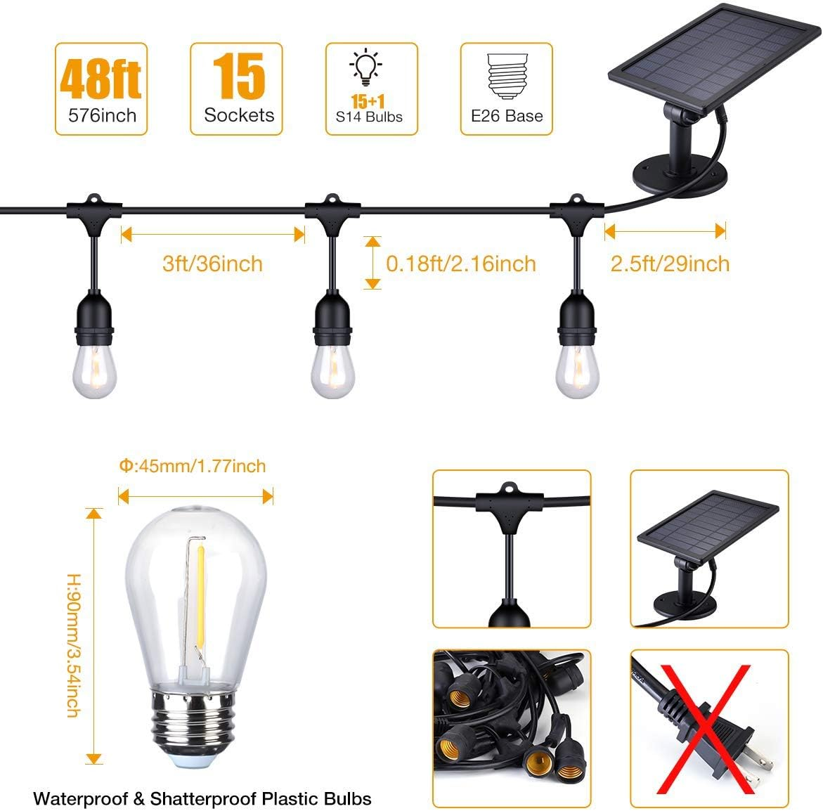 Solar String Lights - 48 Ft S14 LED Outdoor IP65 Commercial Grade Heavy Duty Festoon String Light 15 Hanging Sockets with 15 S14 2W LED Glass Bulb Warm White for Party Patio Garden image number 3