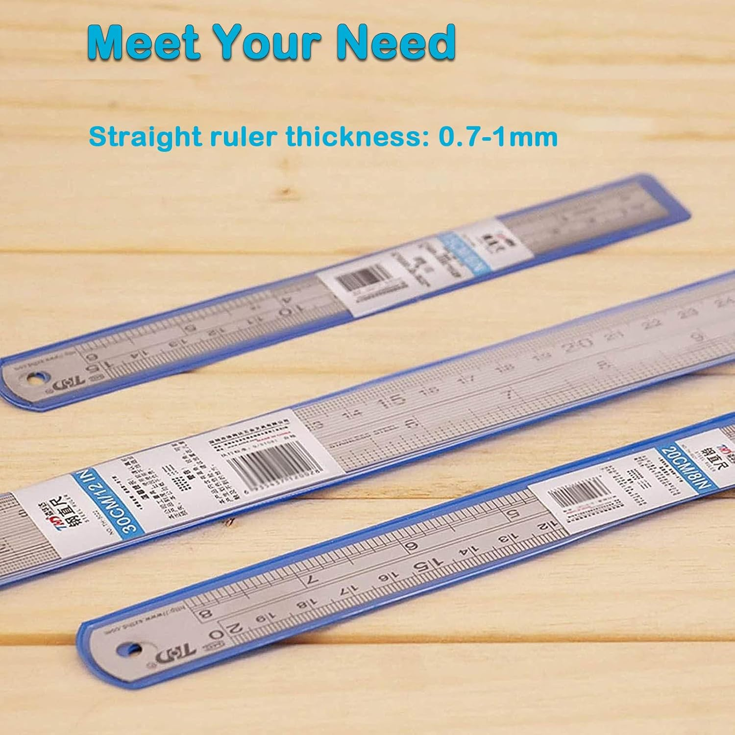 YUENTOEN 3Pcs Metal Ruler, 6 Inch, 8 Inch and 12 Inch Stainless Steel Ruler Double Side Straight Edge Metal Rulers for Home School Office Daily Use image number 2