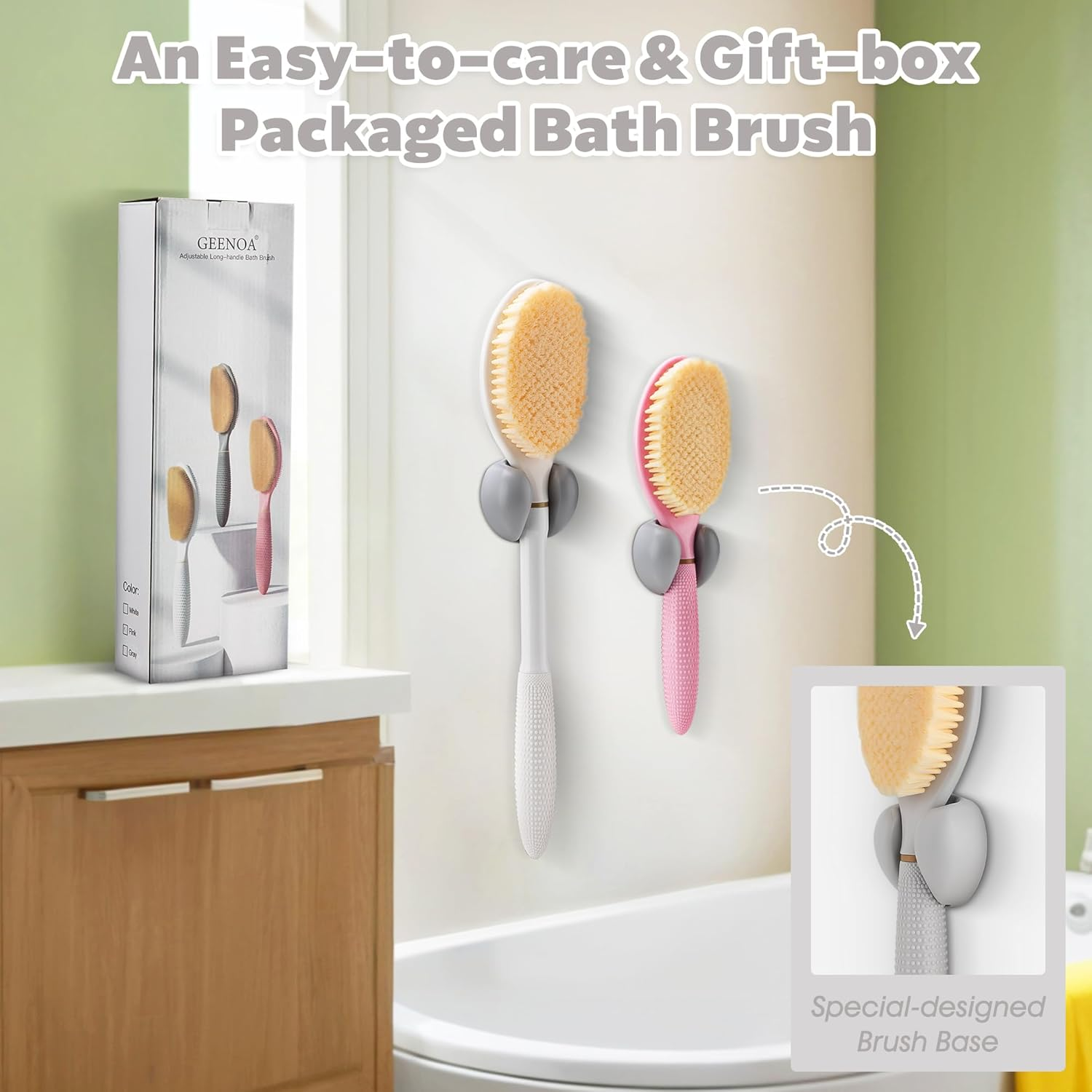 GEENOA New Back Scrubber Anti-Slip for Shower, 18.9&lsquo;&rsquo; Corn-Handle Shower Back Scrubber with Dual-Side Head & Soft Bristles, Adjustable Shower Brush Bath Brush for Lathering & Cleansing(Gray-L) image number 2