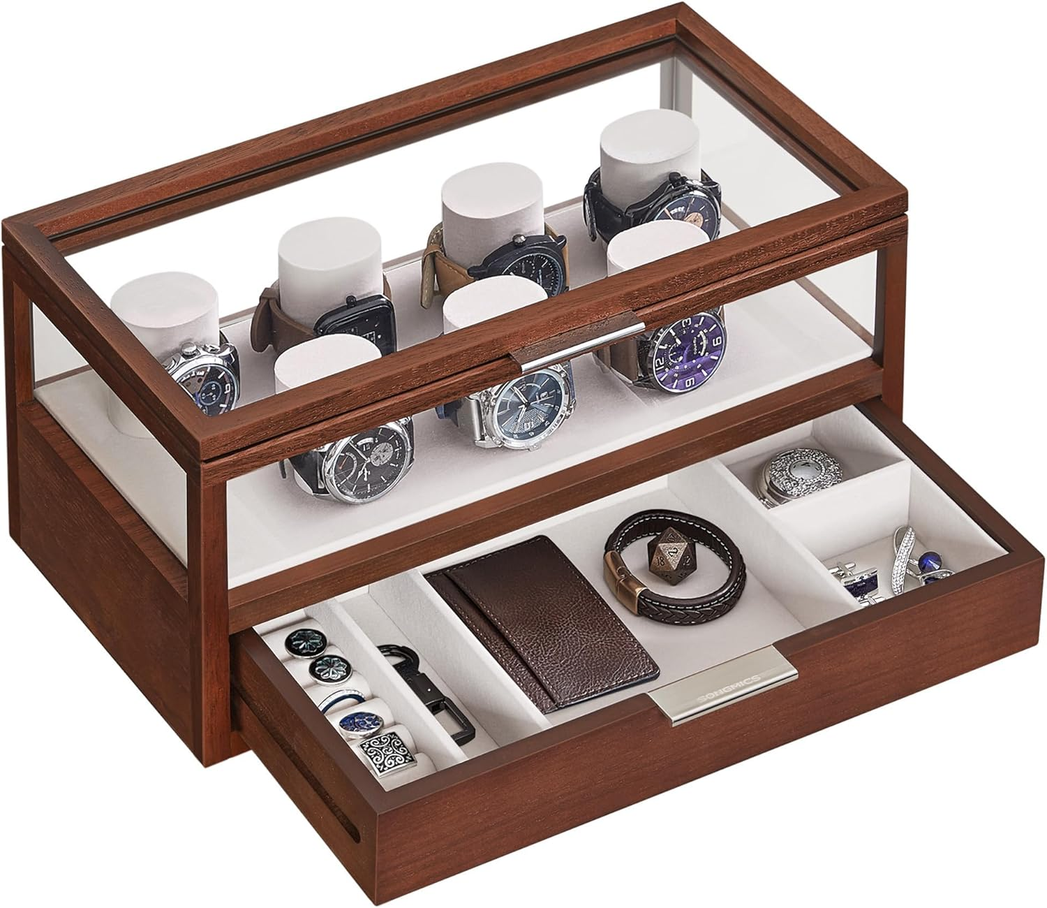 SONGMICS 2-Tier Watch Case, Watch Display Box, Watch Holder with 7 Pillars, Drawer, Acrylic and Solid Wood Top, Velvet Lining, Coffee Brown UJOW007K01