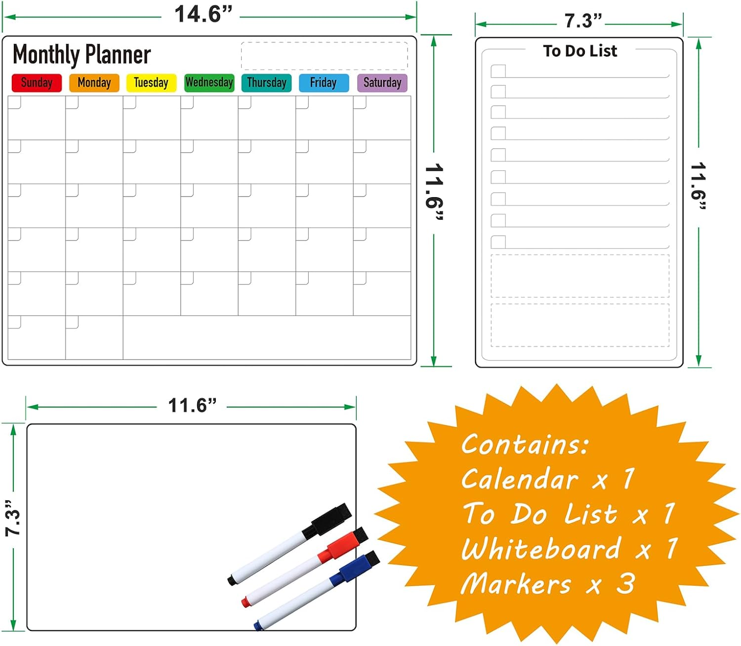 Zazzykid Magnetic Dry Erase Planner for Fridge: Pack of 3-14.6&rdquo; X 11.6&rdquo; Magnetic Monthly Calendar with Markers+ 7.3&rdquo; X 11.6&rdquo; to Do List Pad & Fridge Whiteboard image number 3