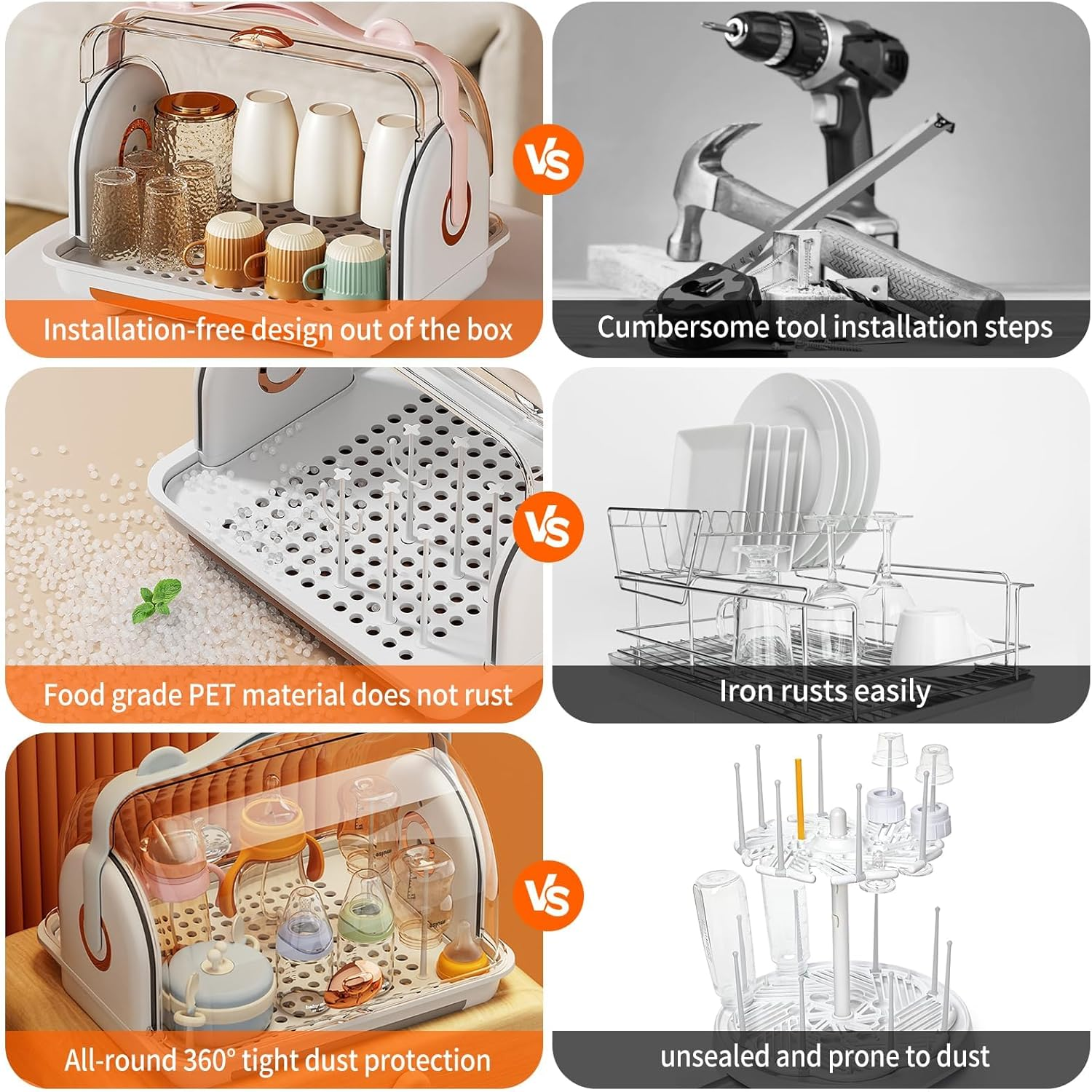 TOMVAES Baby Bottle Storage Box, Drying Rack, Drawer Type Drain Tray, Removable Cup Holder, Transparent Clamshell Design, for Toddler Bottles and Storage Box (Orange) - Blue image number 5