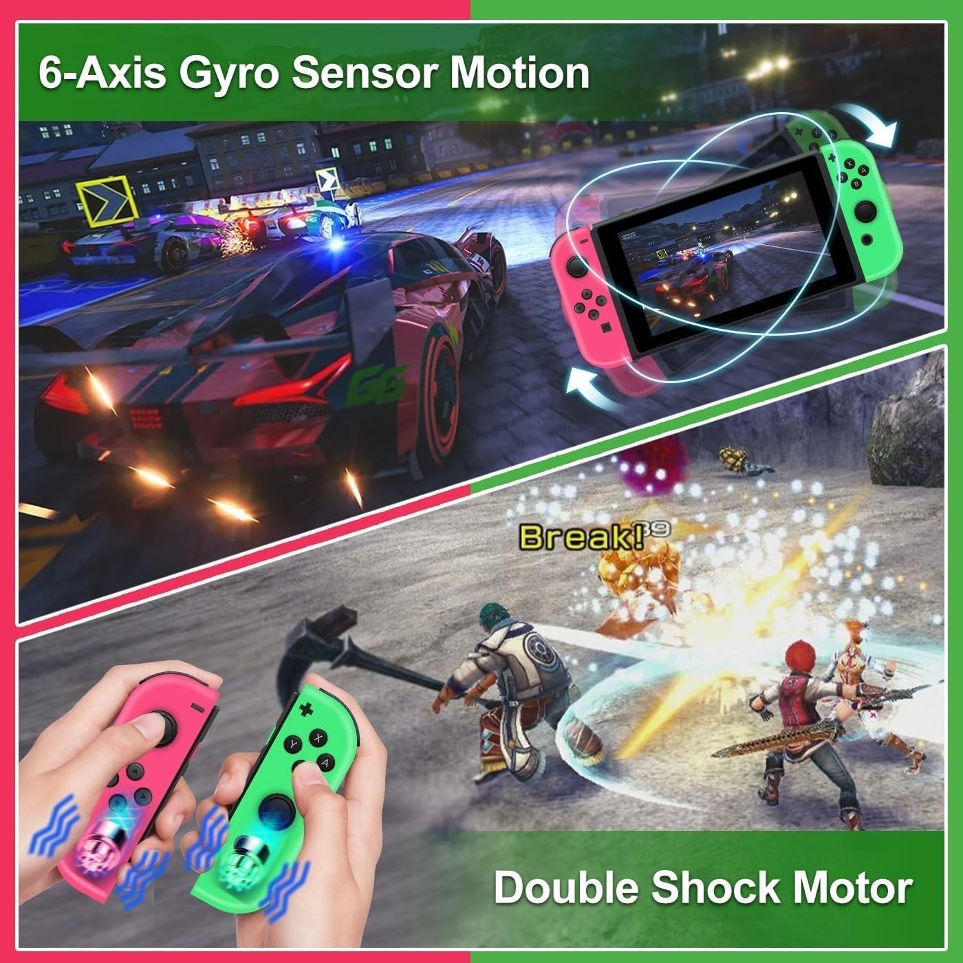 Joy Cons for Switch Controllers, Wireless Replacement for Switch Joycons, Left and Right Controllers Support Sports Dual Vibration,Wake-Up,Motion Control (Green and Pink) image number 4