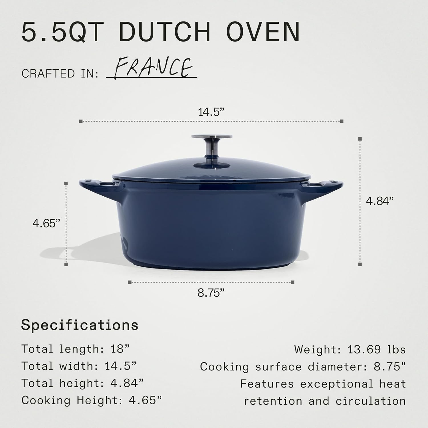 Made in Cookware - Dutch Oven 5.5 Quart - Blue - Enameled Cast Iron - Exceptional Heat Retention & Durability - Professional Cookware - Crafted in France - Induction Compatible image number 2