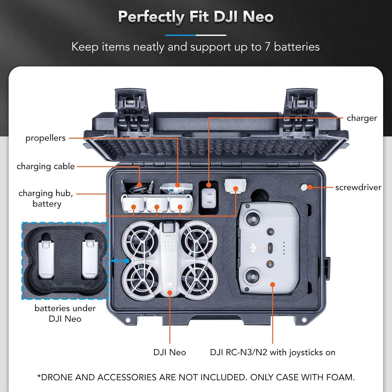 Lykus Titan N110 Waterproof Hard Case for DJI Neo Combo, RC-N3/DJI RC 2, Support up to 7 Batteries [CASE ONLY] - Blue image number 4