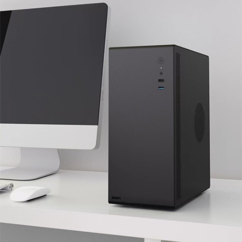 Full Black Steel Desktop Gaming PC Case, Tower Computer Chassis for MATX ITX Gaming Workstation image number 4