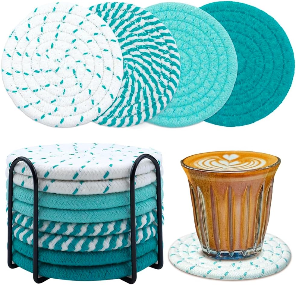 Sonicefit 8Pcs Drink Coasters with Holder, 4 Colors Minimalist Cotton Woven Coasters Set, Boho Absorbent Coaster Suitable for Various Cups, Ideal for Coffee Table, Bar Tabletop, Home Decor (Color 1)