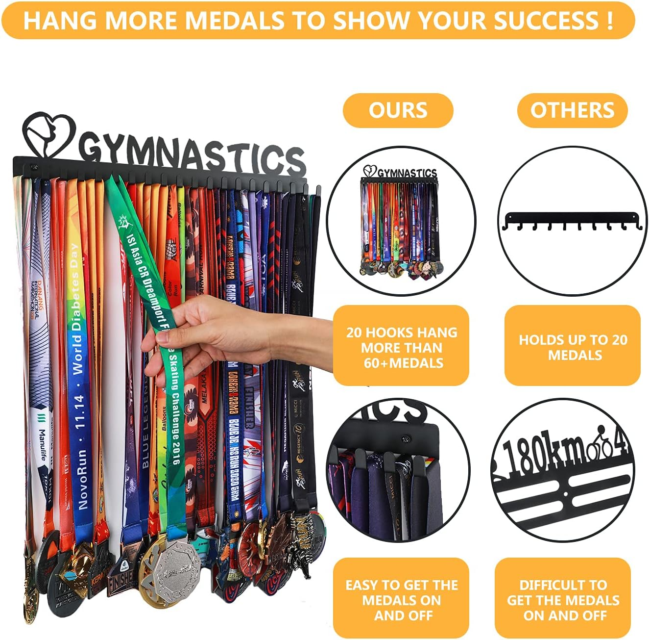 Goutoports Medal Holder Display Hanger - Personalized Medal Wall Hanger for Sport Race Runner Sturdy Black Steel Metal over 60 Medals Easy to Install (06 Gymnastics) - 06 Gymnastics image number 2