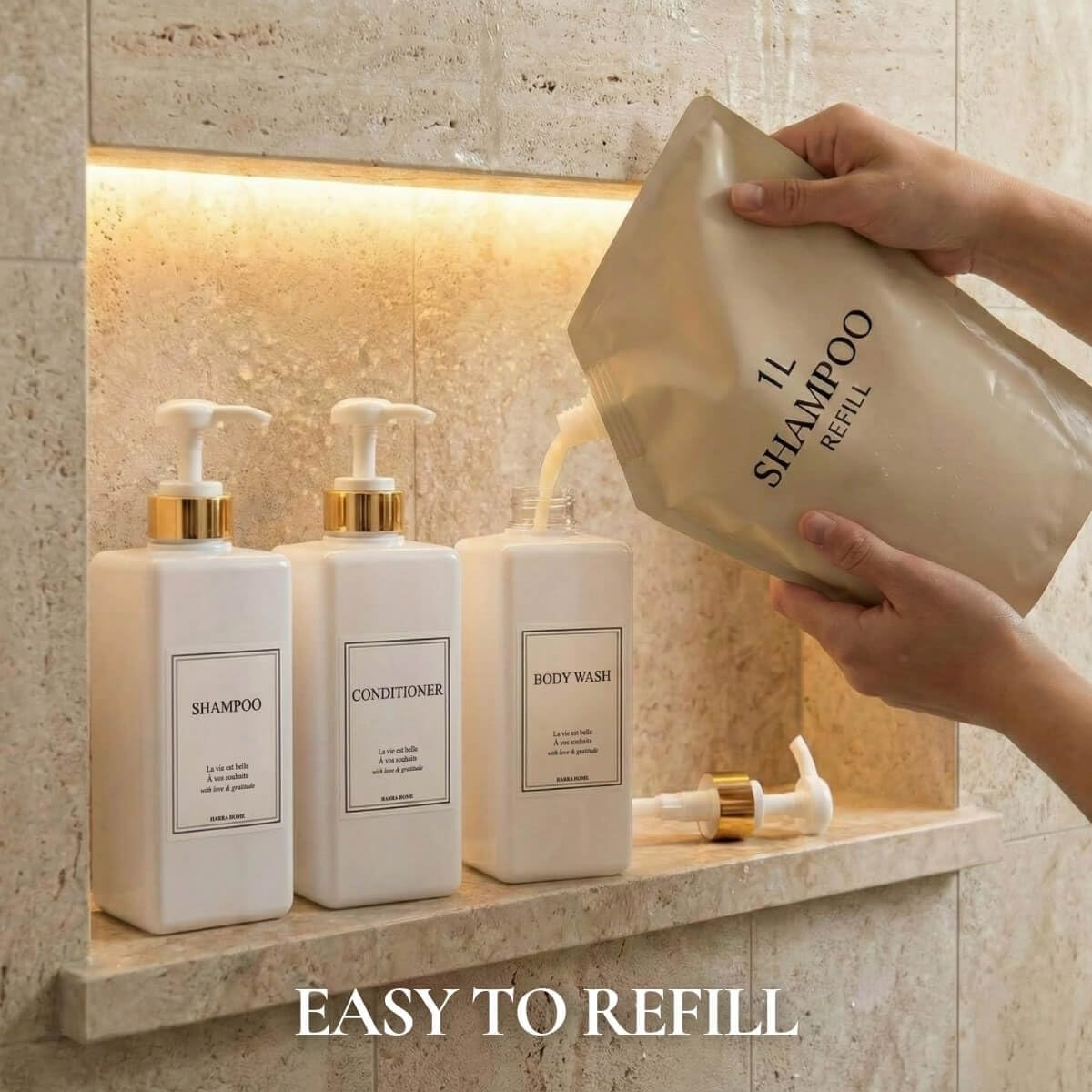 (White) - HARRA HOME Modern Gold Design Pump Bottle Dispenser for Bathroom 800Ml Refillable Empty Shower Shampoo White Plastic Bottles with Pump Set Lotion Body Wash and Massage Oils, Pack of 3 (White) image number 2