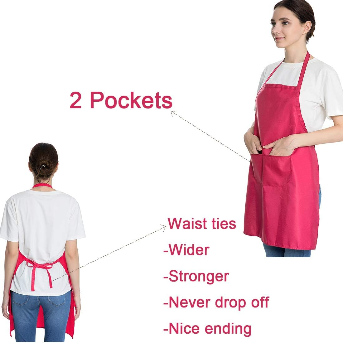 LOYHUANG Total 6PCS Bib Apron Adult with 2 Pockets for Women Men Chef Cooking Kitchen - Black image number 4