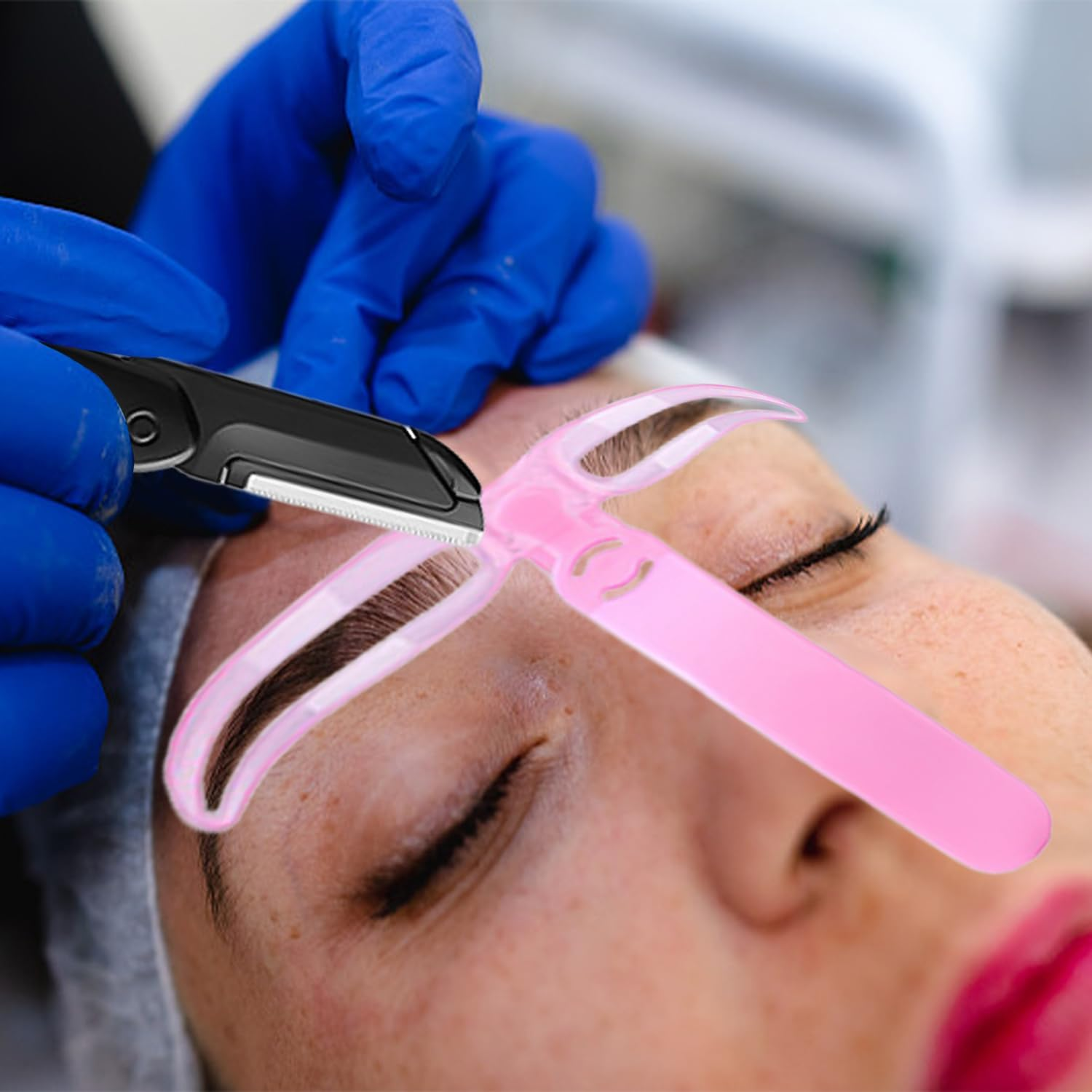 1 Eyebrow Throttle Device, 1 Eyebrow Trimmer Knife and 1 Eyebrow Trimmer Scissors, Eyebrow Stencil Set, Eyebrow Shape Design Tool, Suitable for Beauty and Care (Pink, Black) image number 1