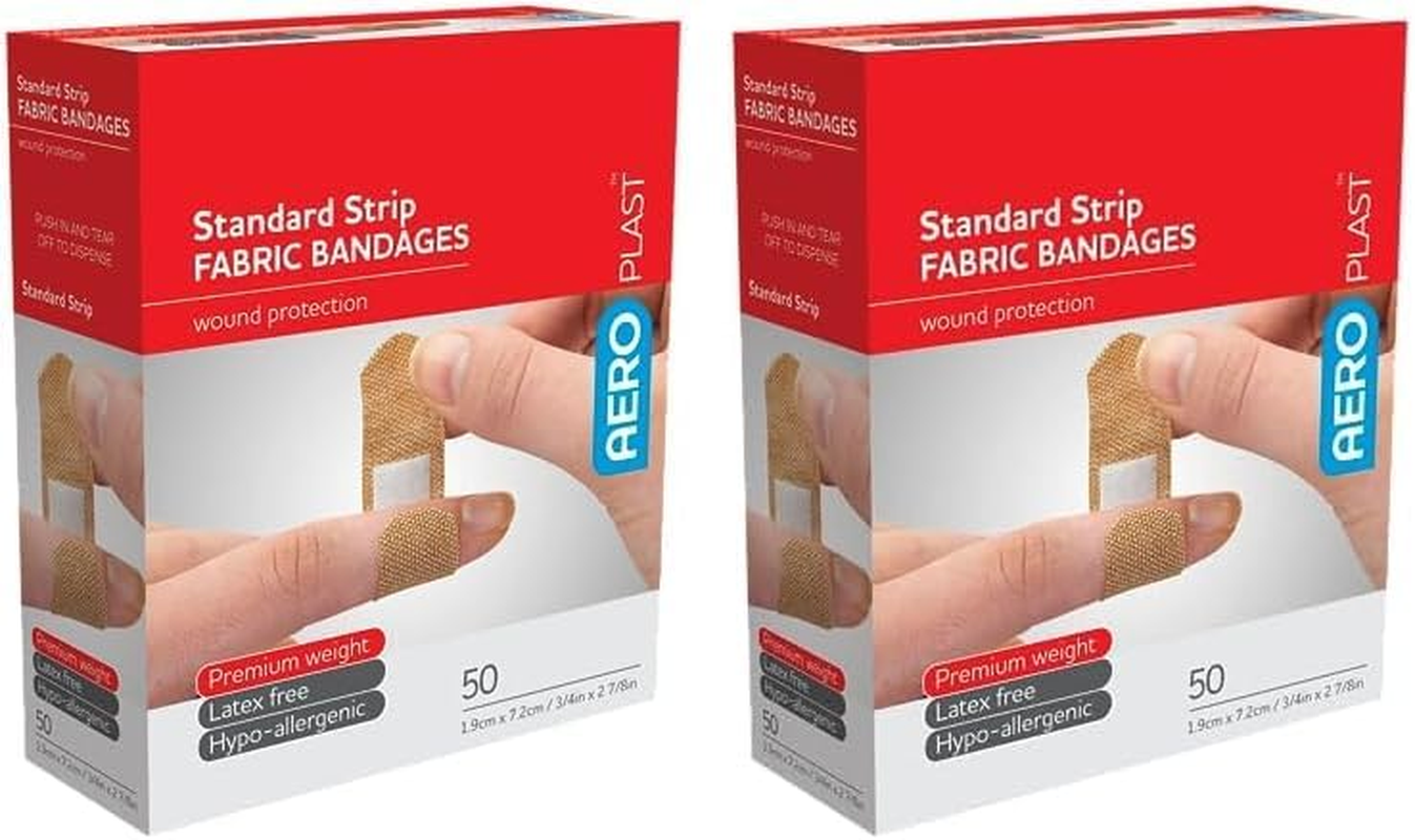 AEROPLAST Premium Fabric Standard Strip Plasters with Strong Adhesion, Breathable Hypo‑Allergenic Latex‑Free Dressing for Sensitive Skin, Conforming Flexible Protection, 1.9 Cm X 7.2 Cm, Box of 50 image number 1